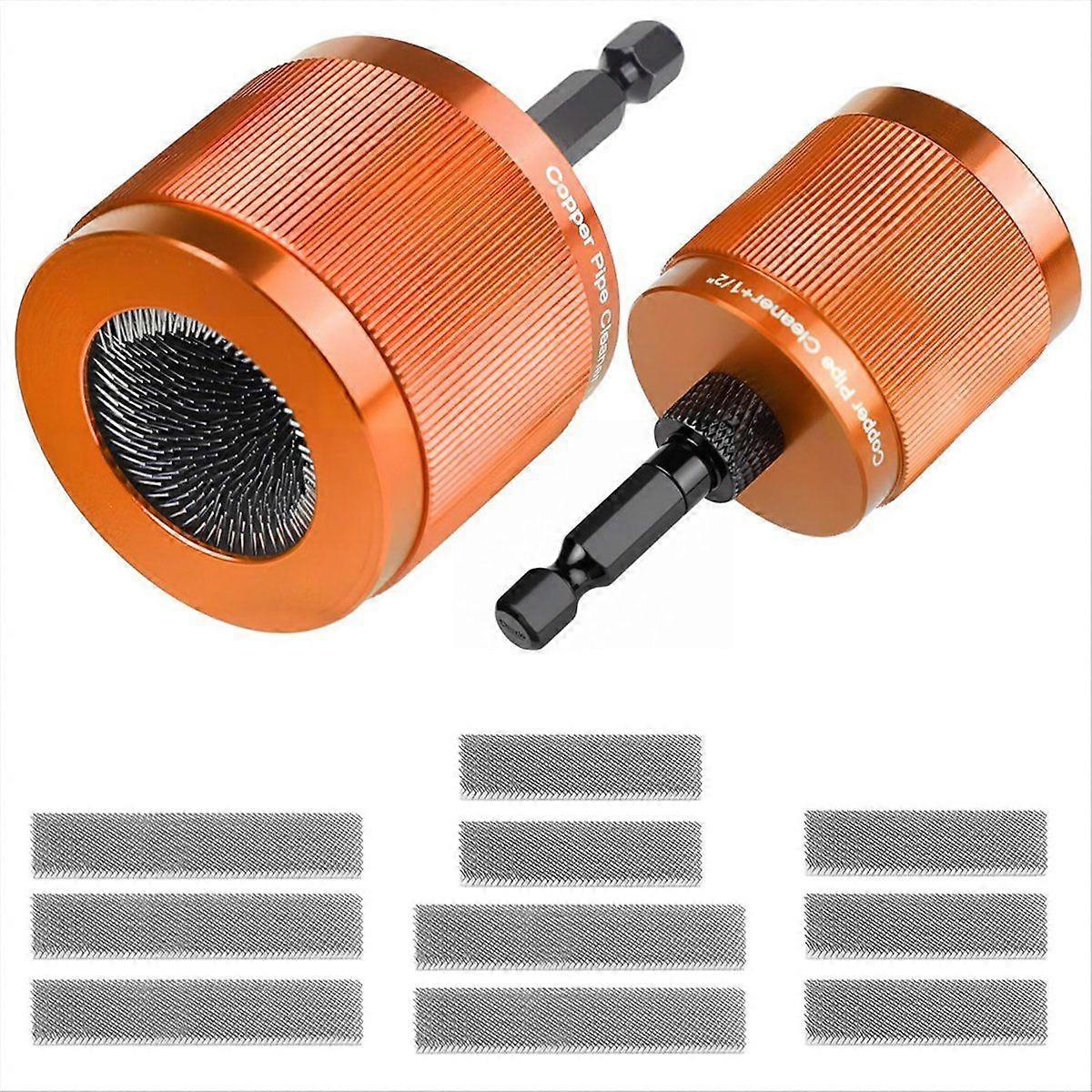 1/2In & 3/4In Copper Pipe Cleaner Set for Drill, with 1/4In Hex Shank & 10 Brush Blades Plumbing Tools for Removing Rust