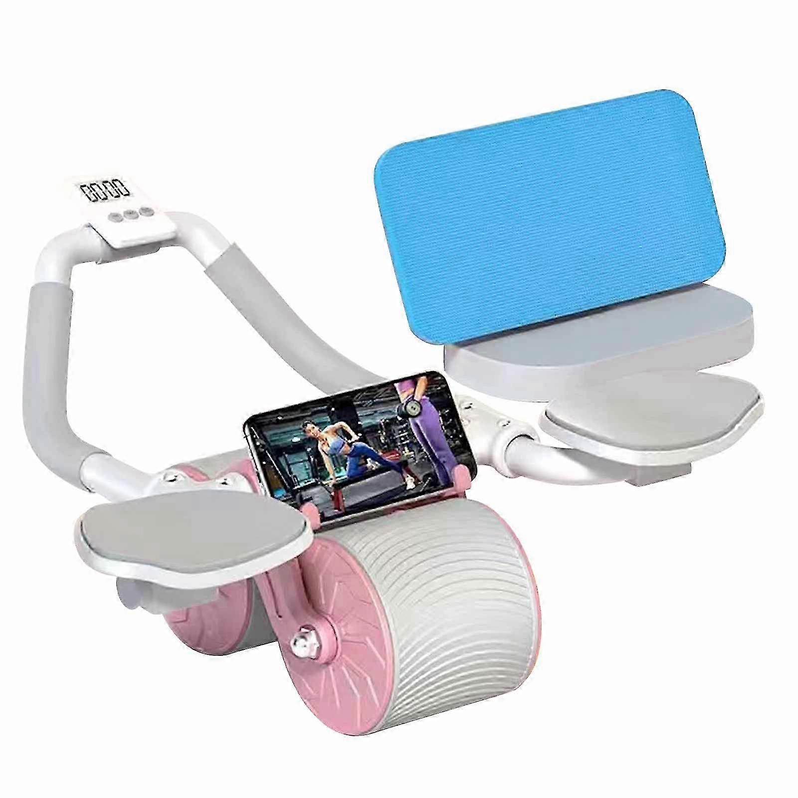 Automatic Rebound Abdominal Wheel with Knee Mat - Ab Roller Wheel with Elbow Support and Timer--Pink