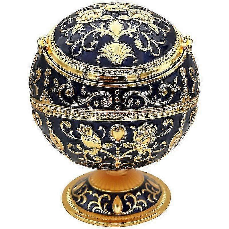 Vintage Windproof Ashtray with Lid, Retro Flower Pattern Tabletop Blue+Gold