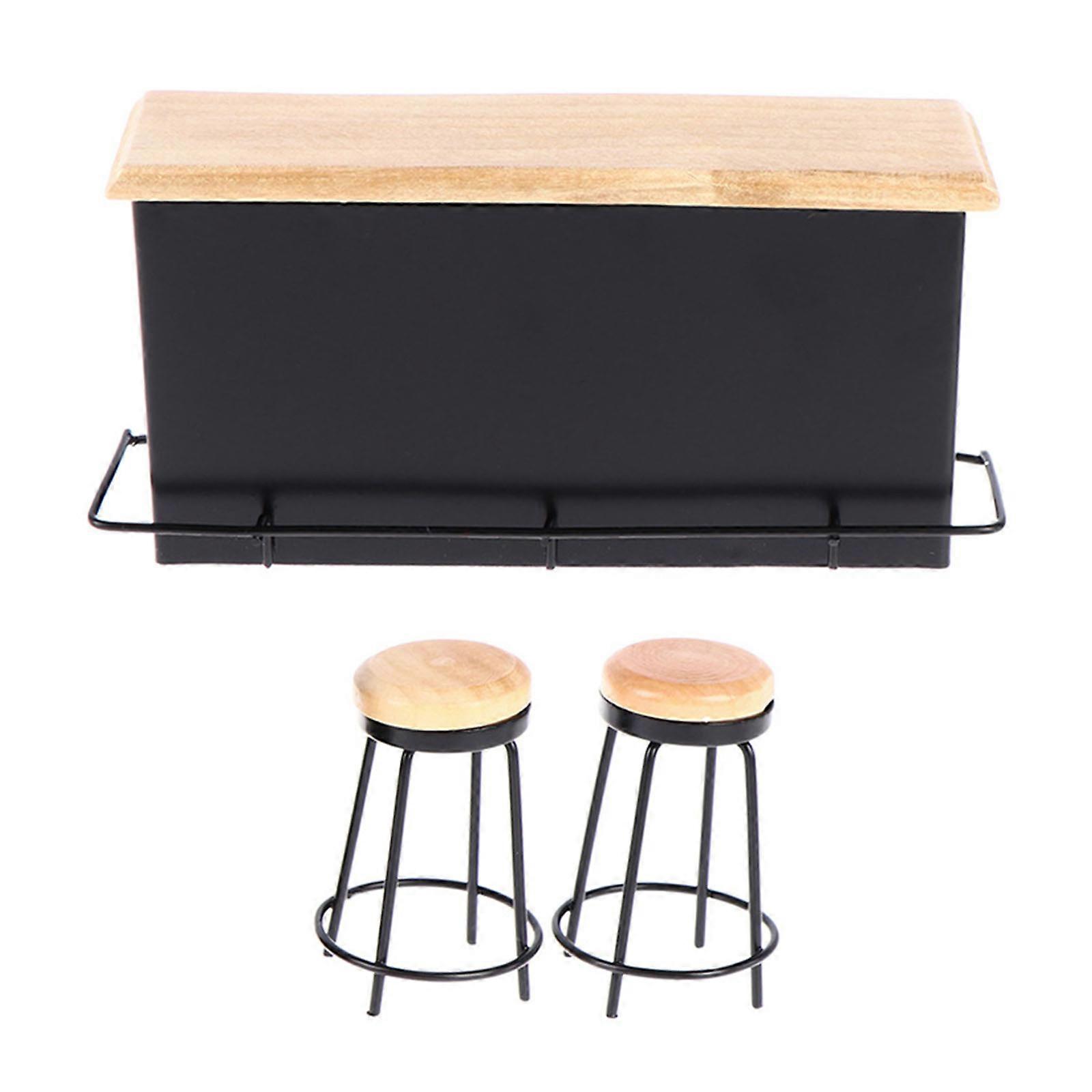 1/12 Doll House Bar Counter with 2 Bar Stools Collectible Model Bar Table Miniature Furniture Craft Model Project Decors Multicolor