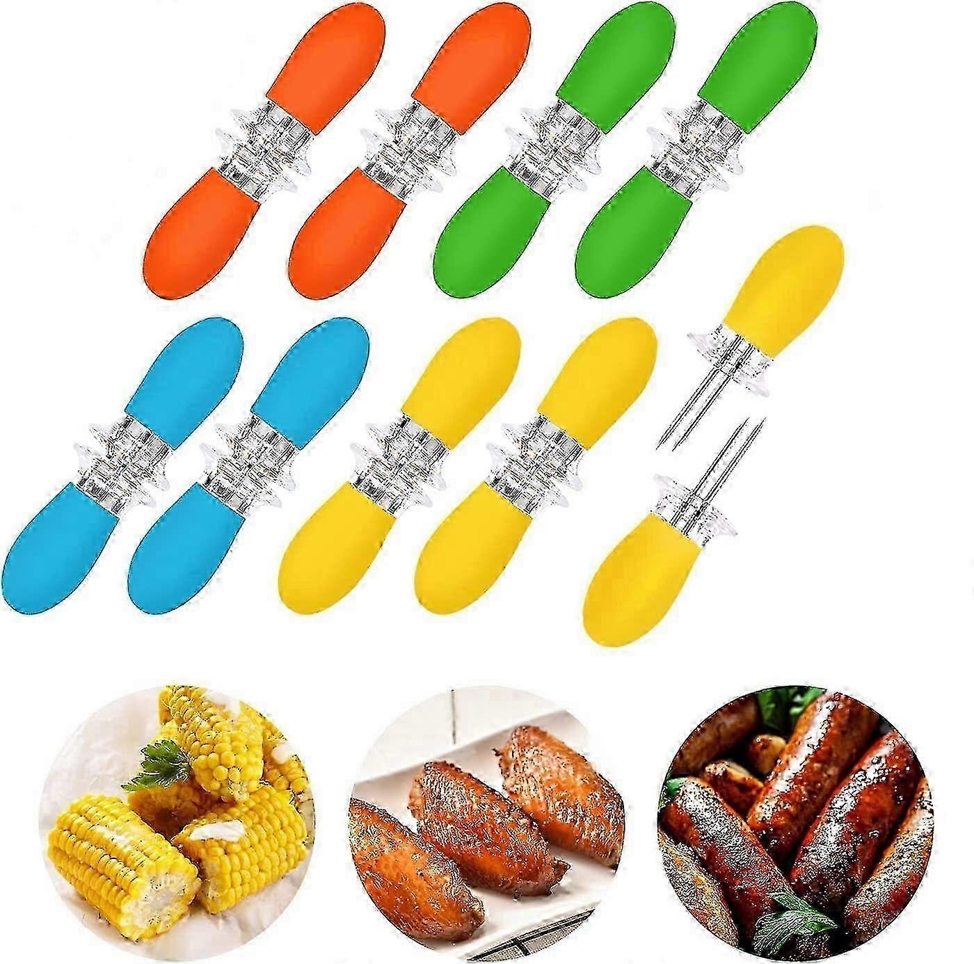 Stainless Steel Corn Holders & Twin Prong Skewers - 16 Pcs/8 Pairs for BBQ & Home Cooking with Interlocking Design