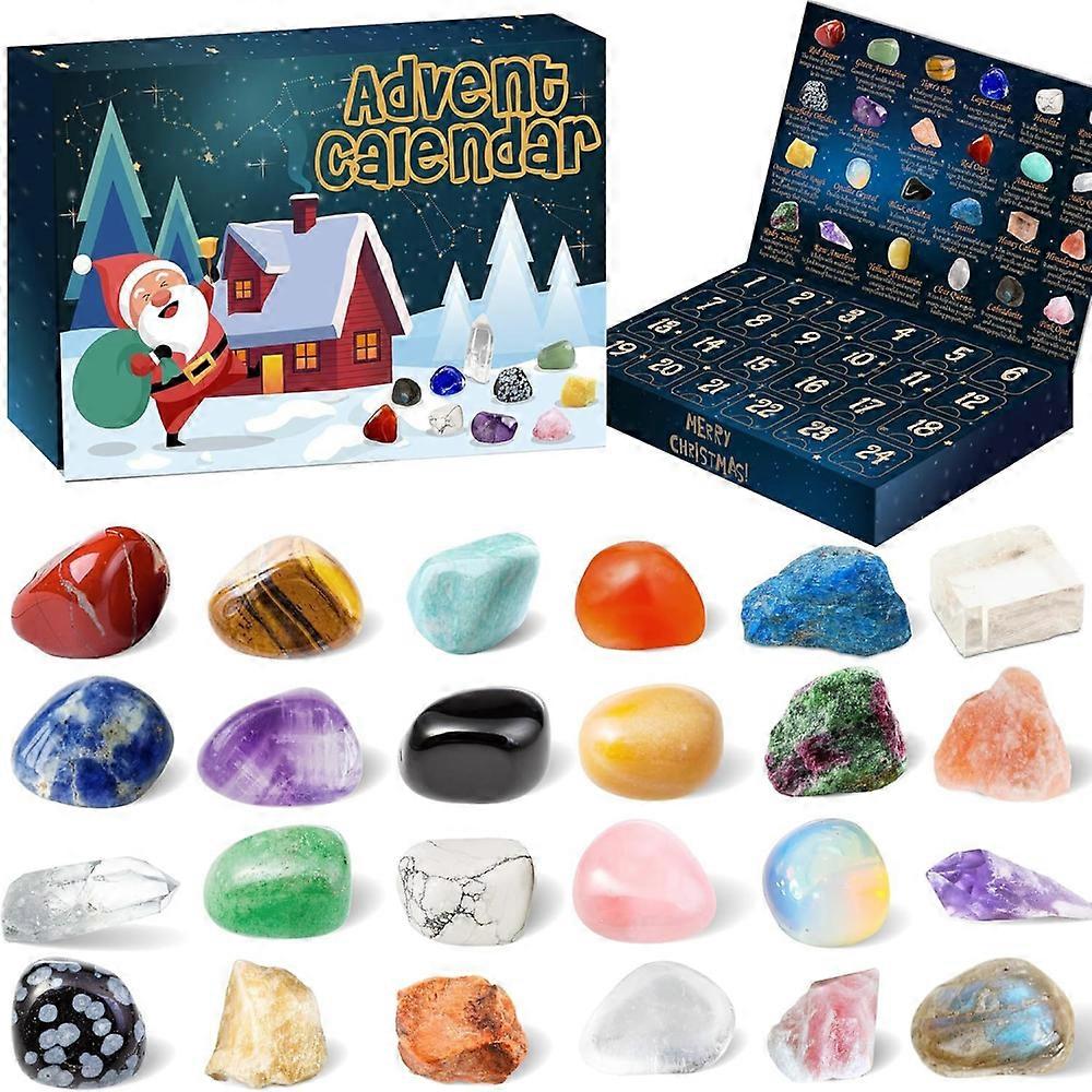 The Advent calendar is adorned with gemstones, containing crystals, minerals, and precious stones. It's for Christmas, birthdays, and other holidays.