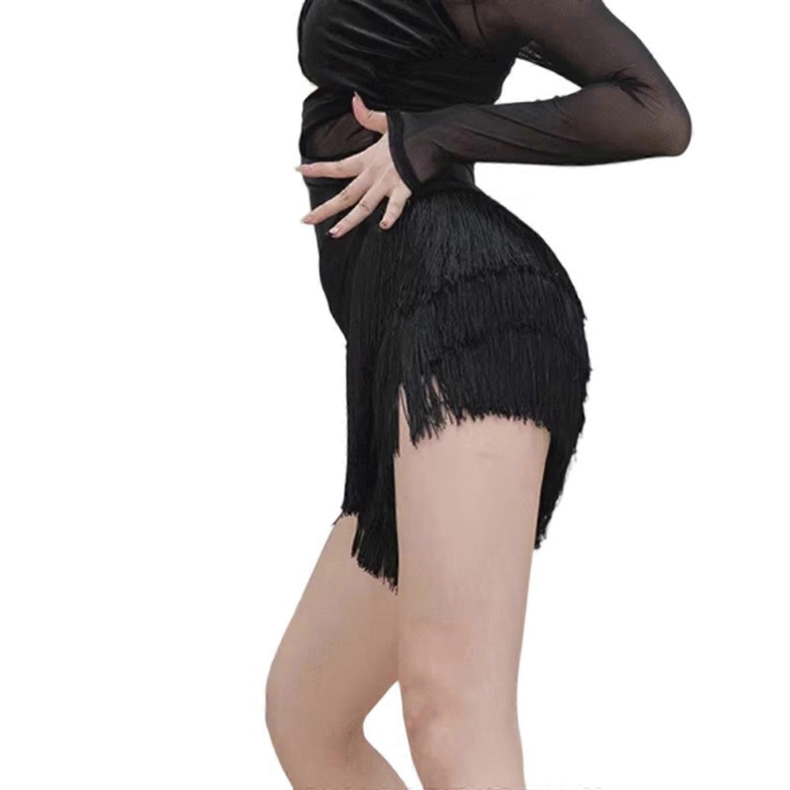 Stretchable Latin Dance Skirt Black Fringe Hems Lightweight Polyester Multiple Sizes For Stage Training  XL Black