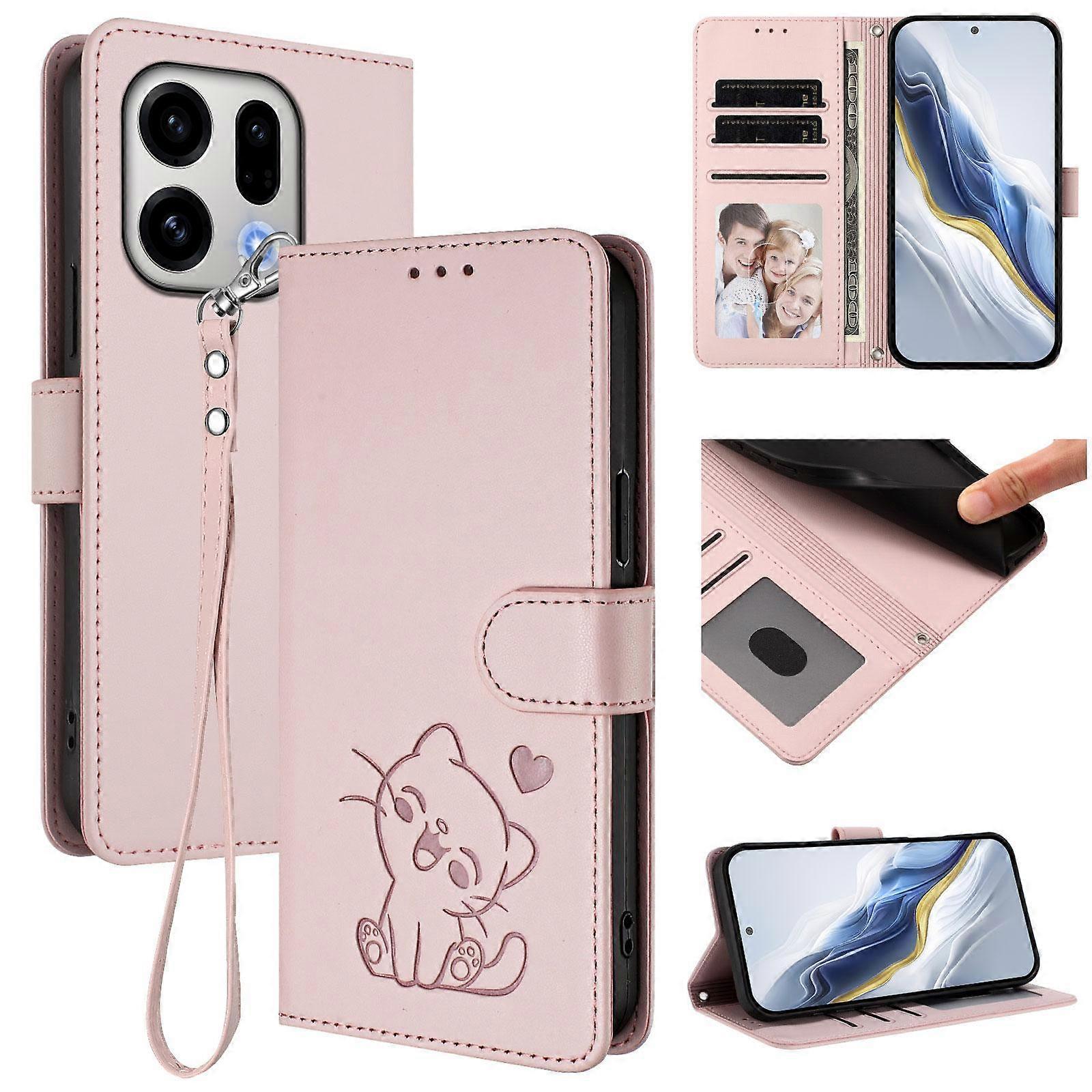 Embossed Heart Cat Leather Phone Case with Hand Strap