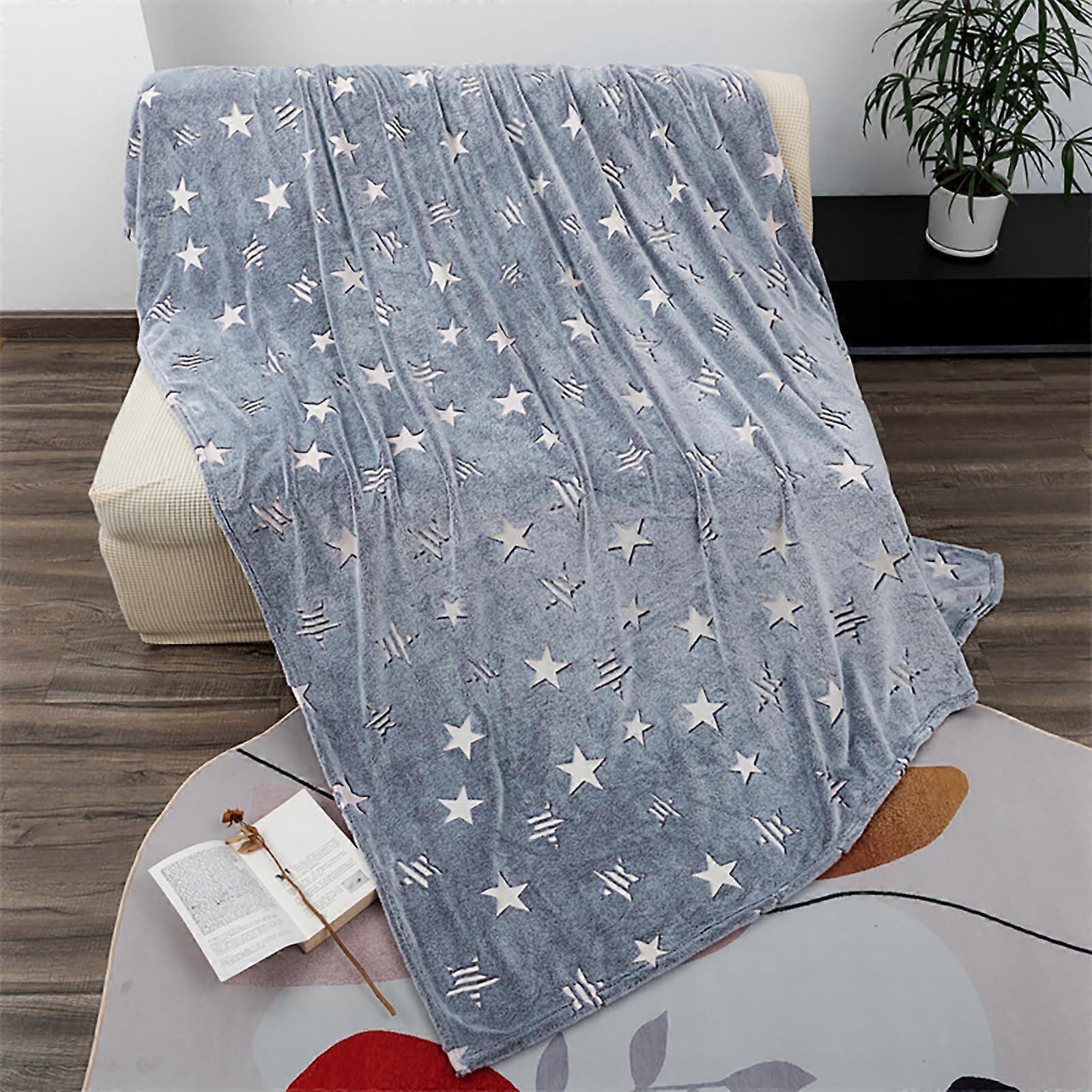 Glow in the Dark Fleece Throw Blanket 60x80 for Kids UltraSoft Plush Star Design Gray