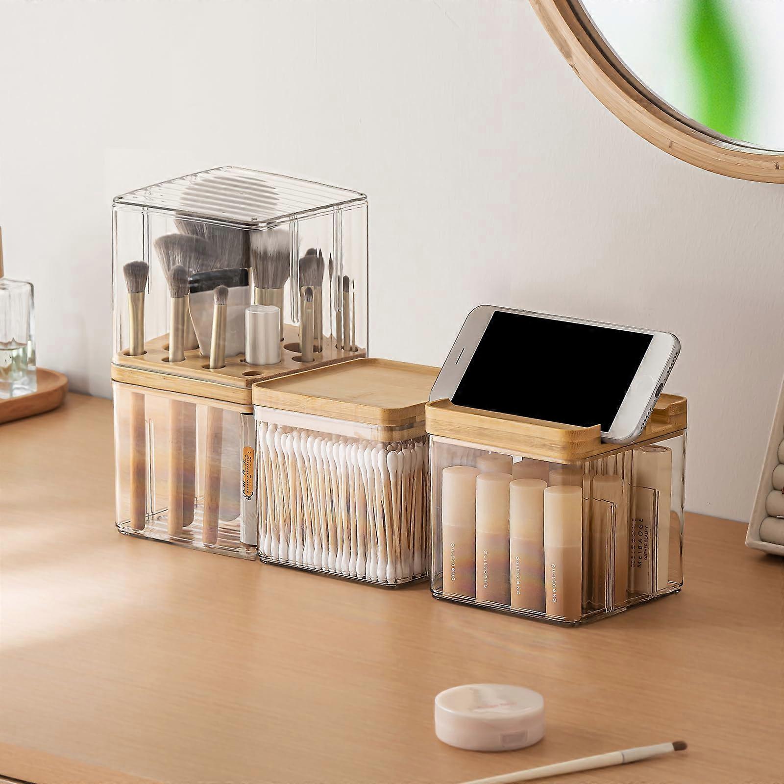 3Pack Stackable Makeup Organizer with Dustproof Lids, Clear Cosmetic Storage Box for Bathroom Counter
