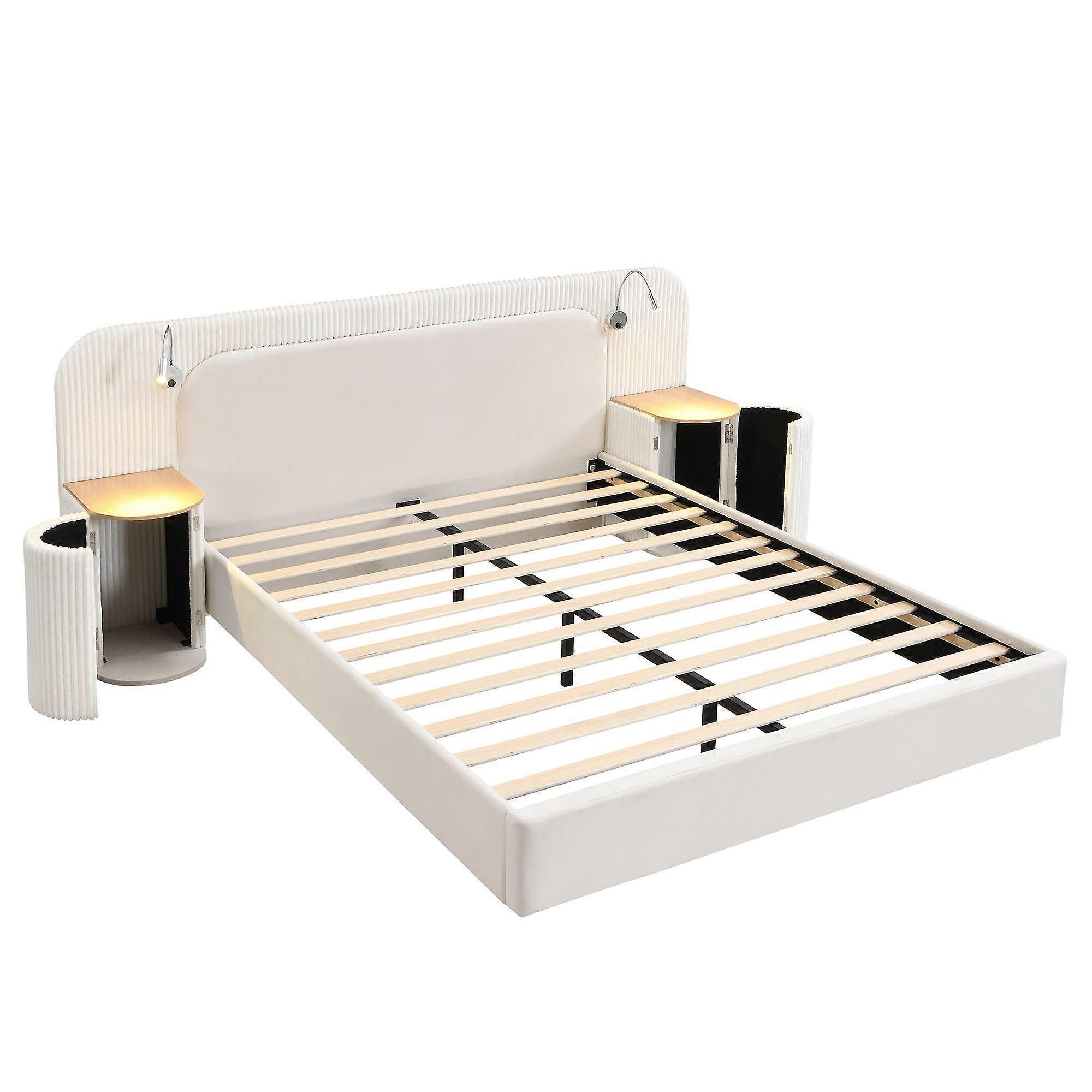 Double Upholstered Bed with Reading Light and Bedside Table