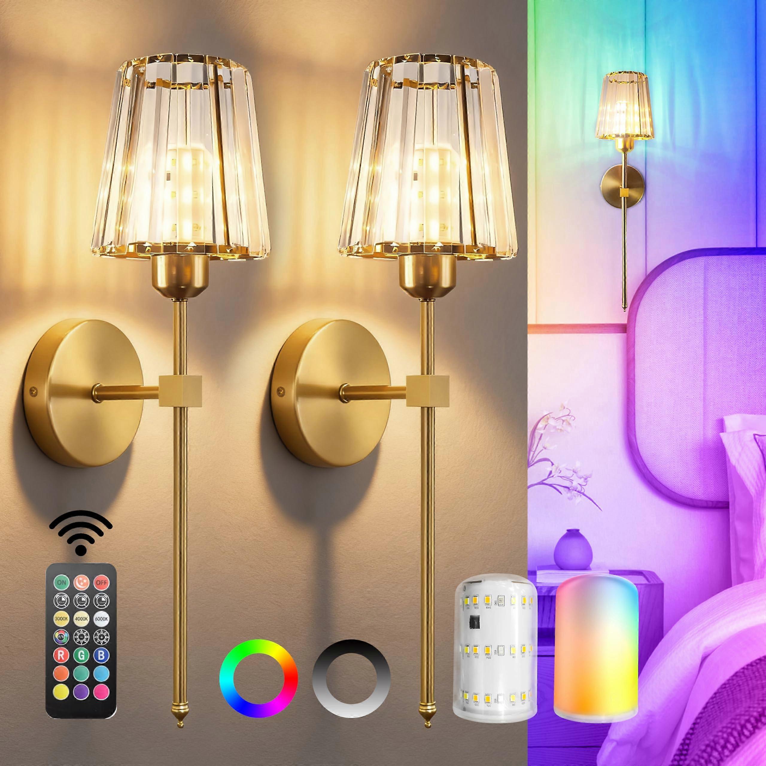 Wireless Wall Sconces Set of 2 Gold Crystal, Battery Operated LED with 12 Colors and Remote Control
