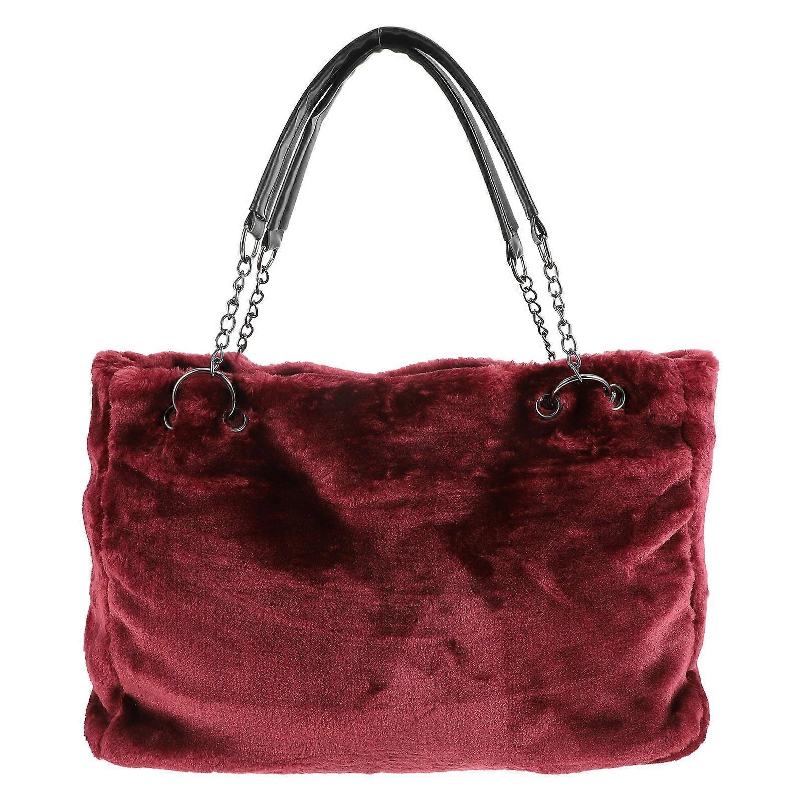 Fuzzy Handbag Plush Tote Bag for Storage Use 2Pcs Red Single Shoulder Bag