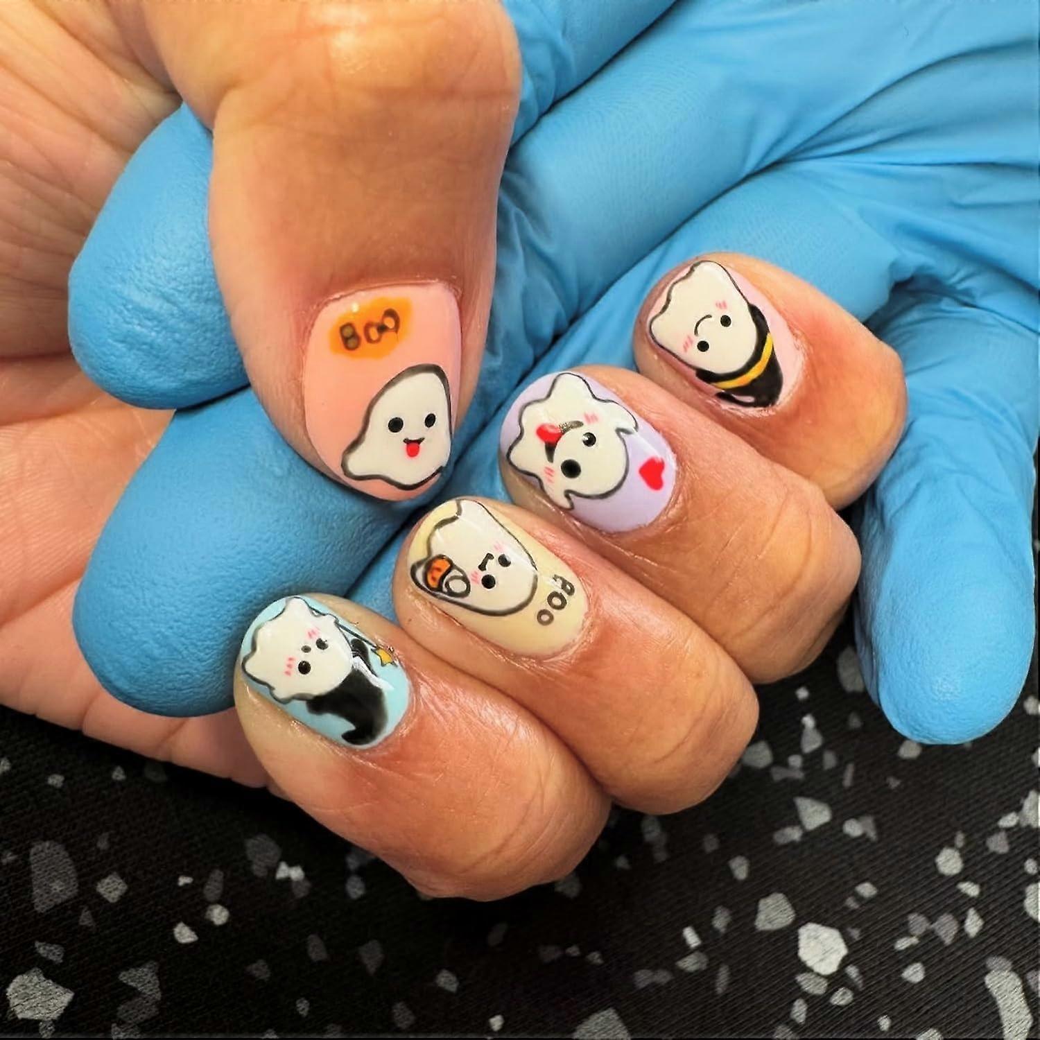 Halloween Press On Nails Extra Short Square Acrylic with Cute Ghost Designs, Full Cover False Nails