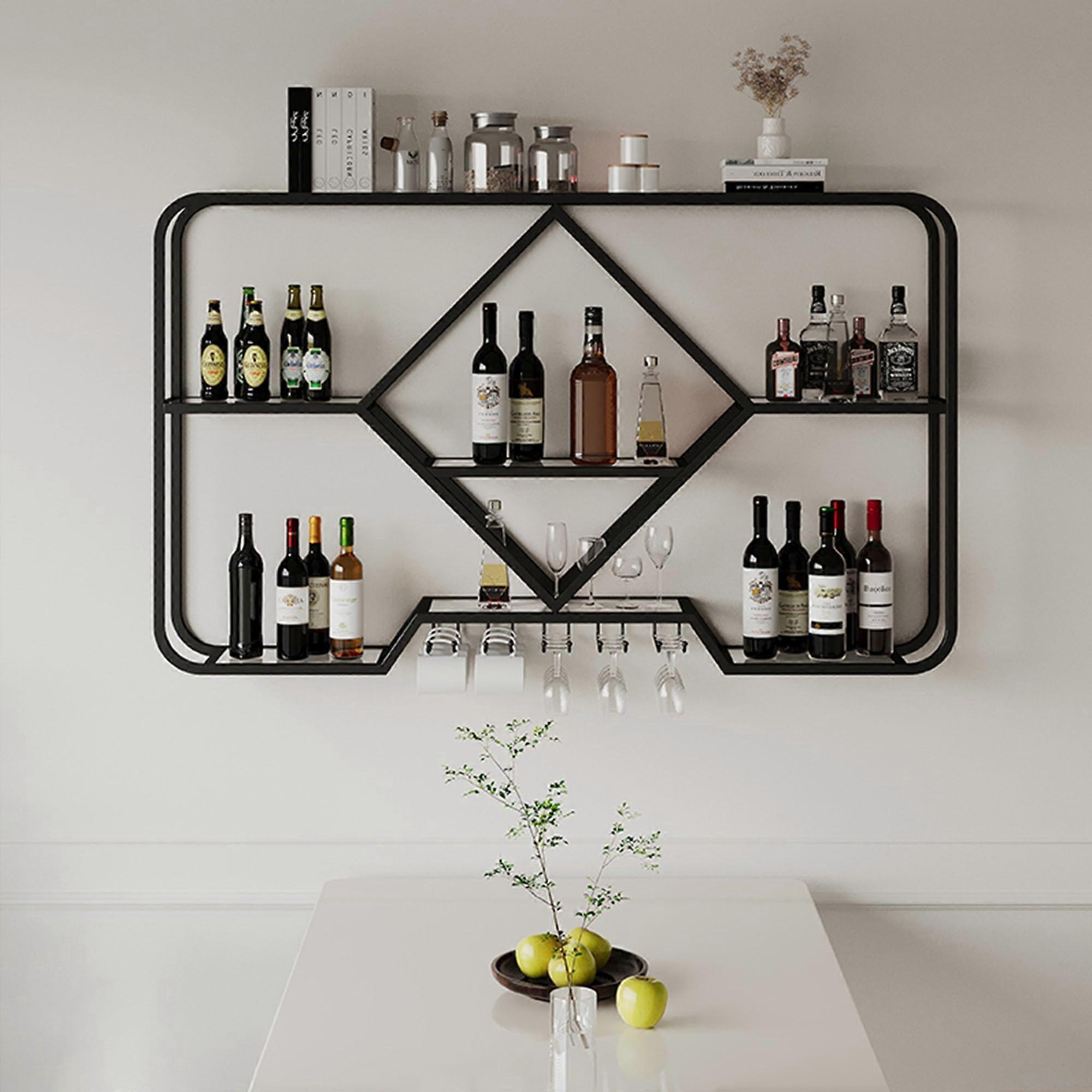 Wall Mounted Wine Rack with Hanging Glass Holder, Solid Wood Shelf and RustResistant Metal Frame