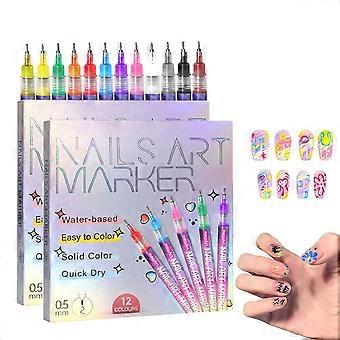 12 Colors Nail Art Pens Set with Precision 0.5mm Tip, Acrylic Markers for DIY Manicure 2 Sets