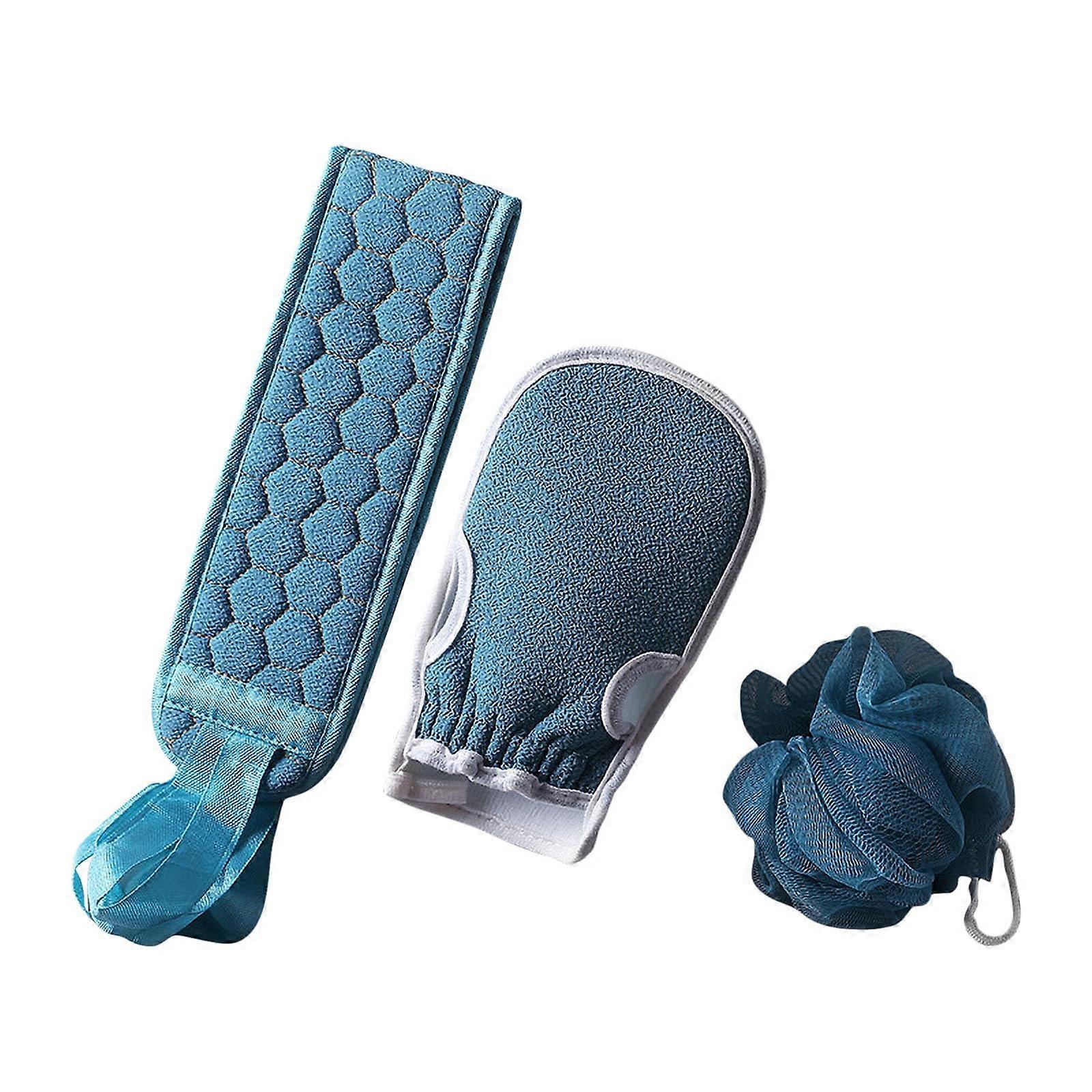 Exfoliating Bath Gloves and Long Back Scrubber Set with DoubleSided Texture, 3Pcs Blue