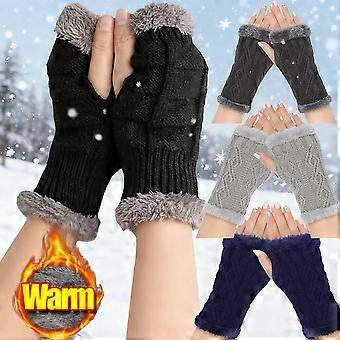 Women's Short Sleeve Winter Fluffy Gloves Soft Warm Half-Finger Knitted Elastic Sleeve Covers for Autumn Shopping Walking