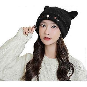 Gestrickte Wintermütze mit Ohren in Tieroptik, aus Polyester, bequemer und modischer Hut für Outdoor-Aktivitäten im Winter, einheitsgröße (54-59 cm), schwarz.