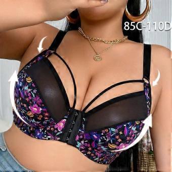 Front‑Closure Women Bra with Underwire, Anti‑Sagging Side‑Smoothing Plus‑Size Thin Non‑Padded Fashion Printed Bra for Minimizing Large Bust