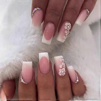 Square Gradient French Press On Nails Medium Floral Rhinestone