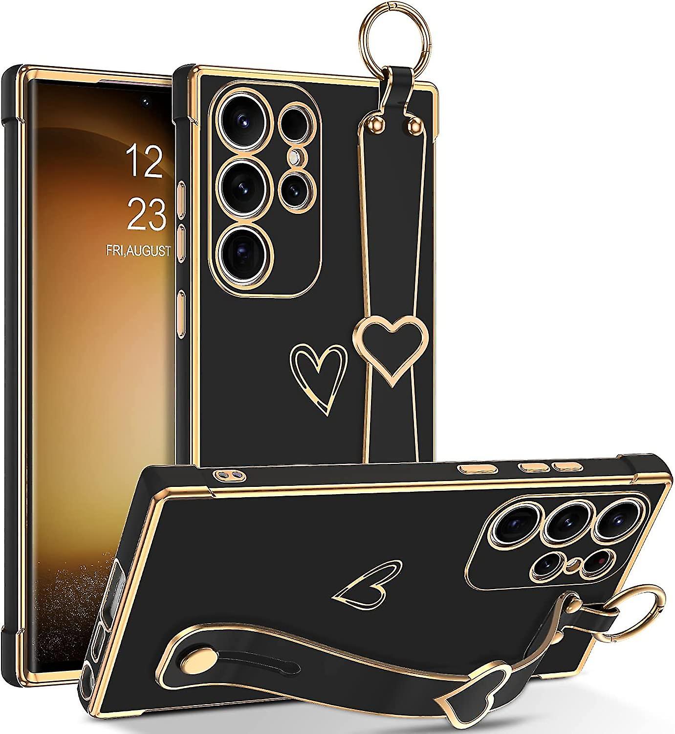 Cute Heart Plating Case For Samsung Galaxy S23 Ultra/ S23+/ S23 With Adjustable Wristband Kickstand Loop