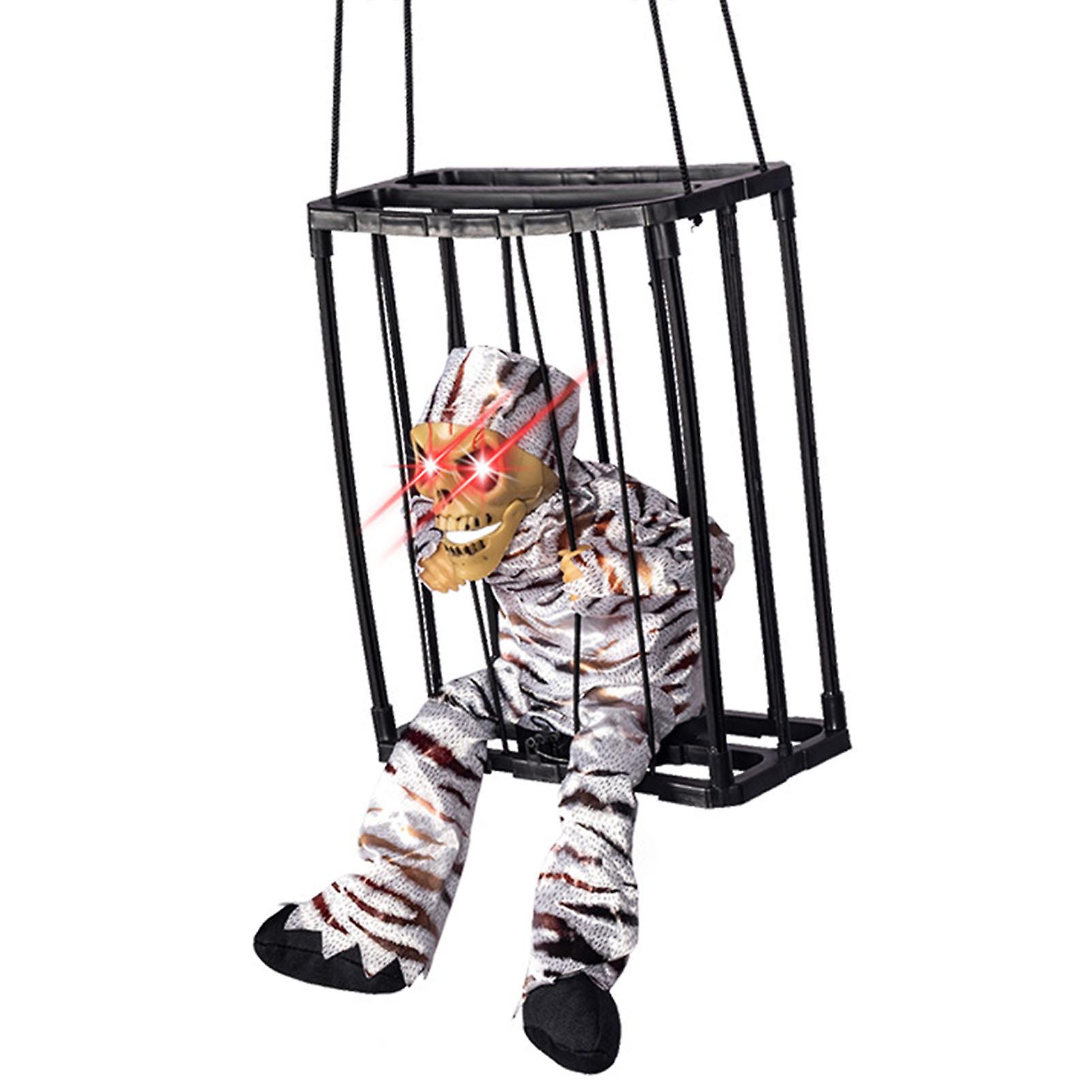 Skeleton with Spooky Prisoner Cage Halloween Theme Props Decor for Garden Patio Yard Fence Tree Decor