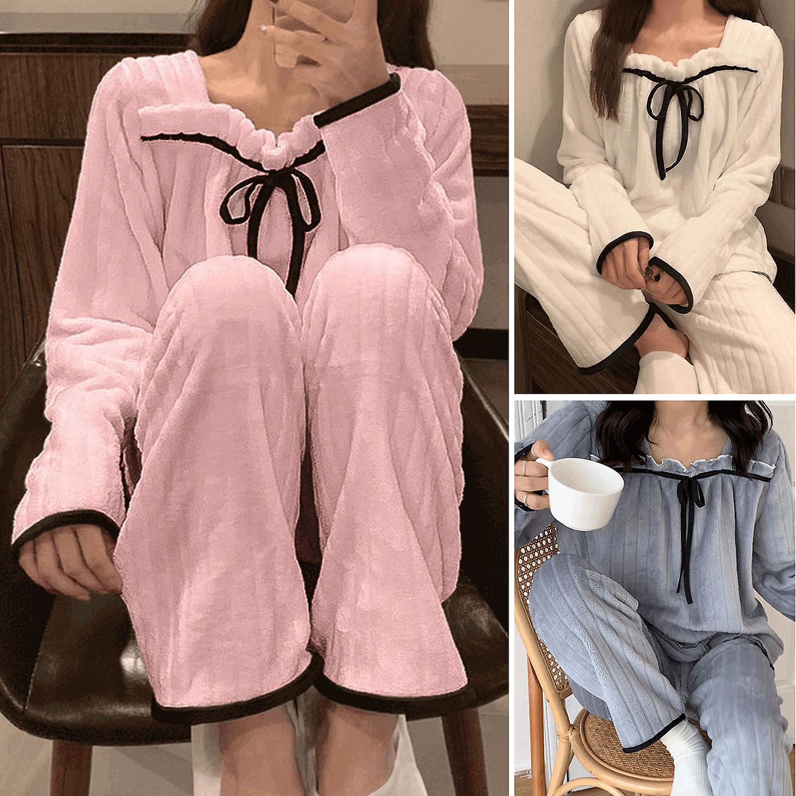 2 Pcs/Set Women Pajamas Set Shirring String Square Neck Contrast Color Long Sleeves Sleeping Loose Soft Bow-knot Nightie Set for Home
