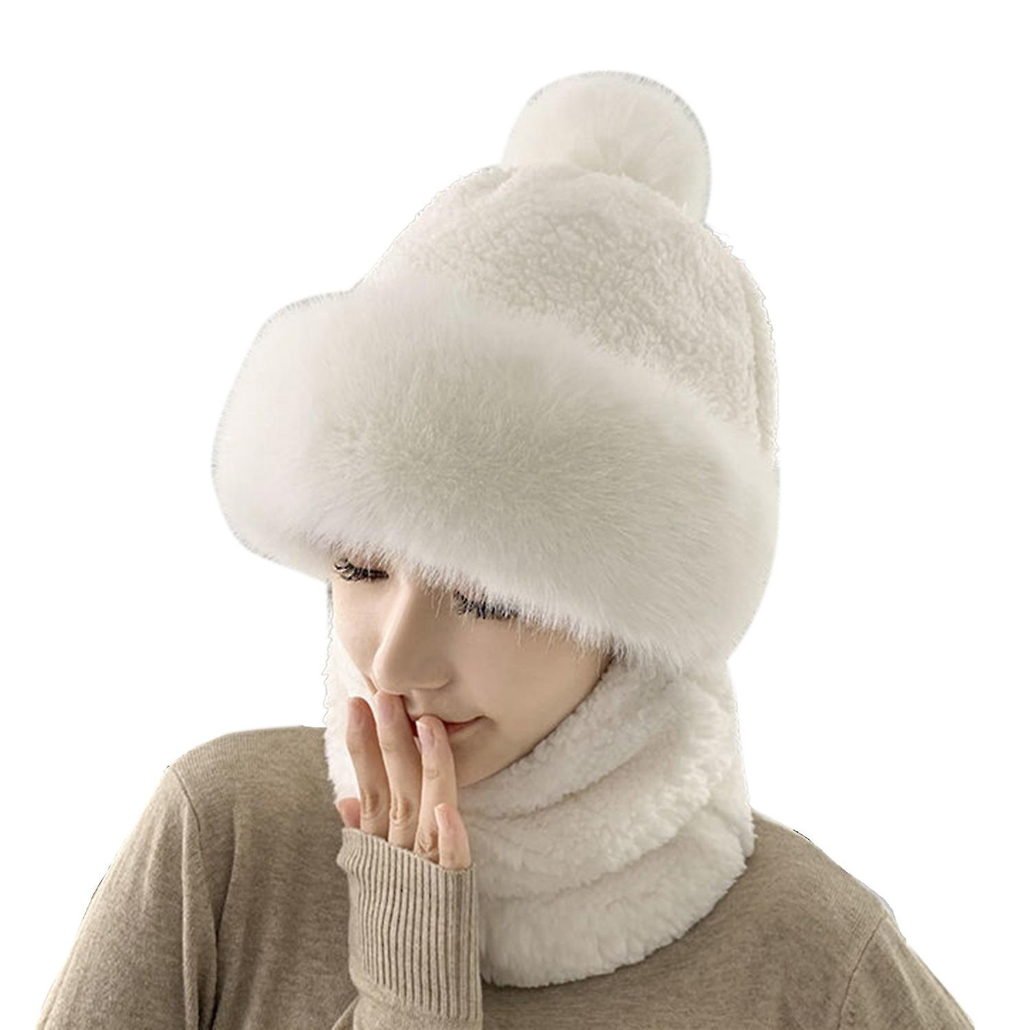 Plush Hat Fuzzy Pompom Decor 2 in 1 Multipurpose Thickened Head Face Neck Protection Solid Color