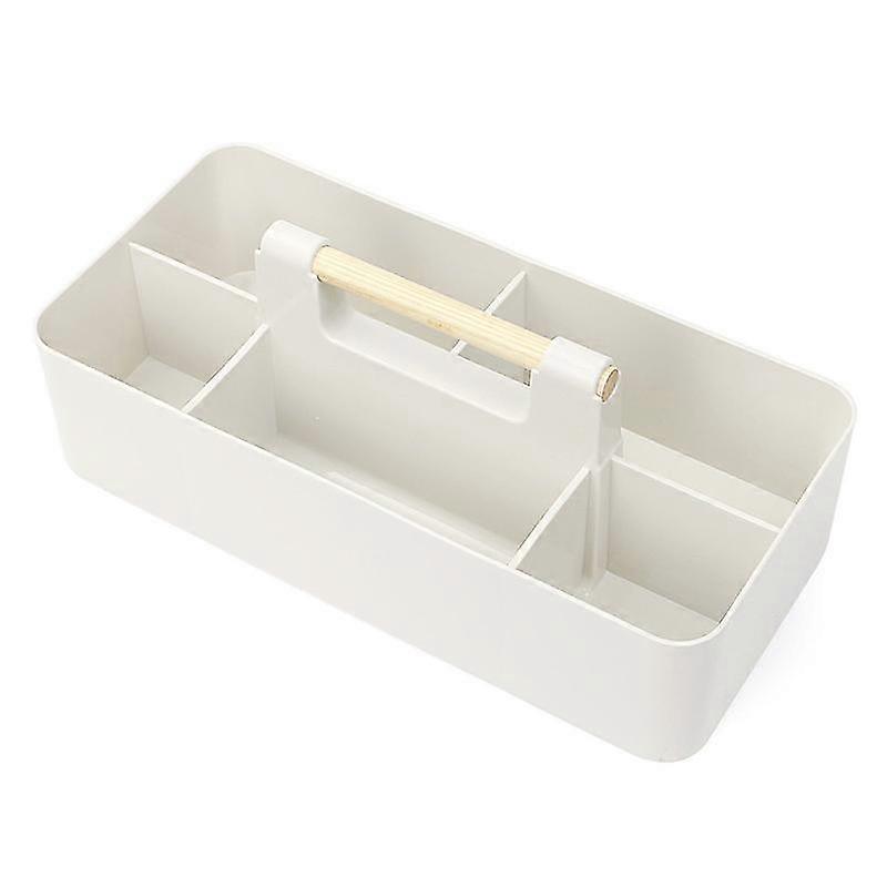 Rectangular Stackable Desktop Storage Organizer Tote Divided Basket Bin, Plastic 5 Compartments Storage Box Holder With Wood Handle(1pcs, White)