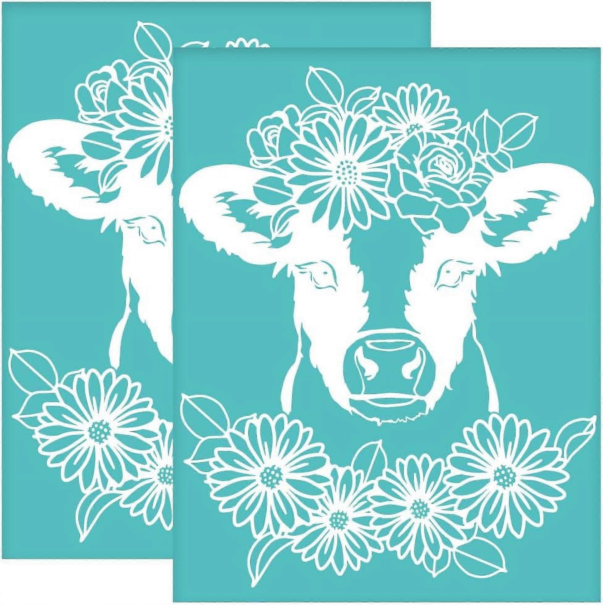 2Pcs 8.6x11 Inch Cattle Self-Adhesive Silk Screen Printing Stencil Flower Cow Silk Screen Stencil Sunflower Cattle Reusable Mesh Stencils Transfer for