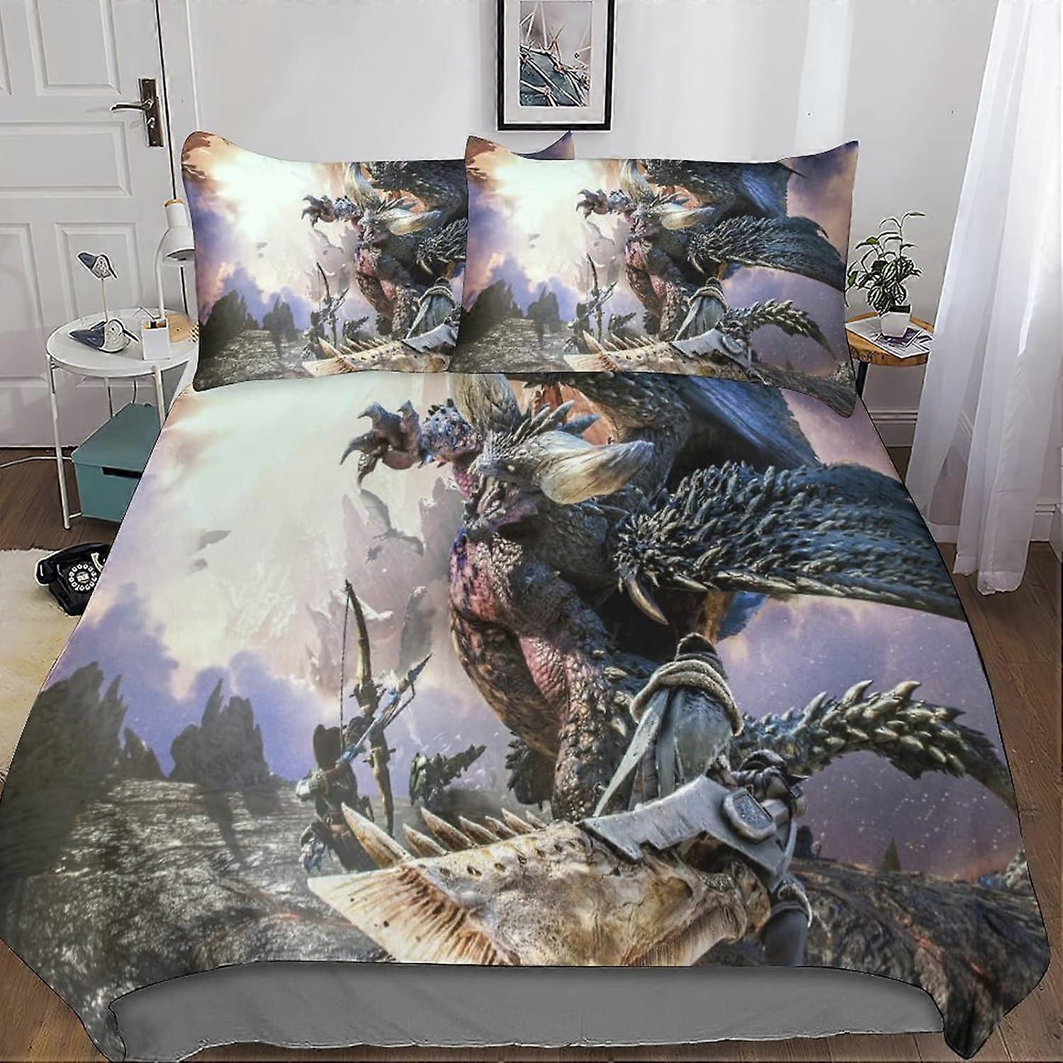 Monster Hunter 3D Bedding Set with Game Duvet Cover Pillowcase, with Zipper Closure Microfiber 3 Pcs Suitable for Boys and Girls