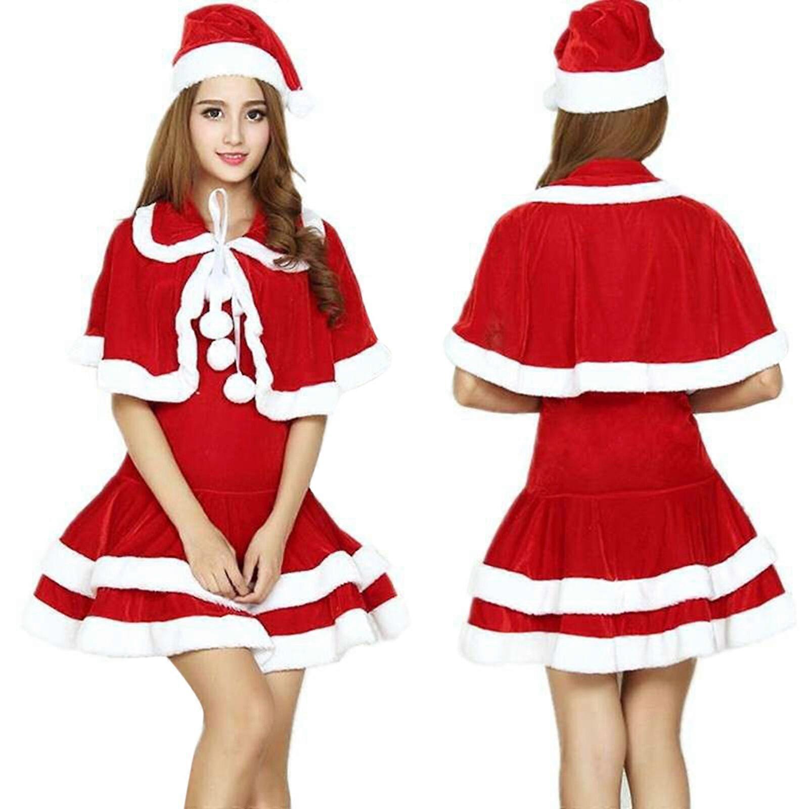 コスプレサンタクロースス甘いクリスマススカートスーツとケープレディースセクシー赤と白のAラインミニスカート