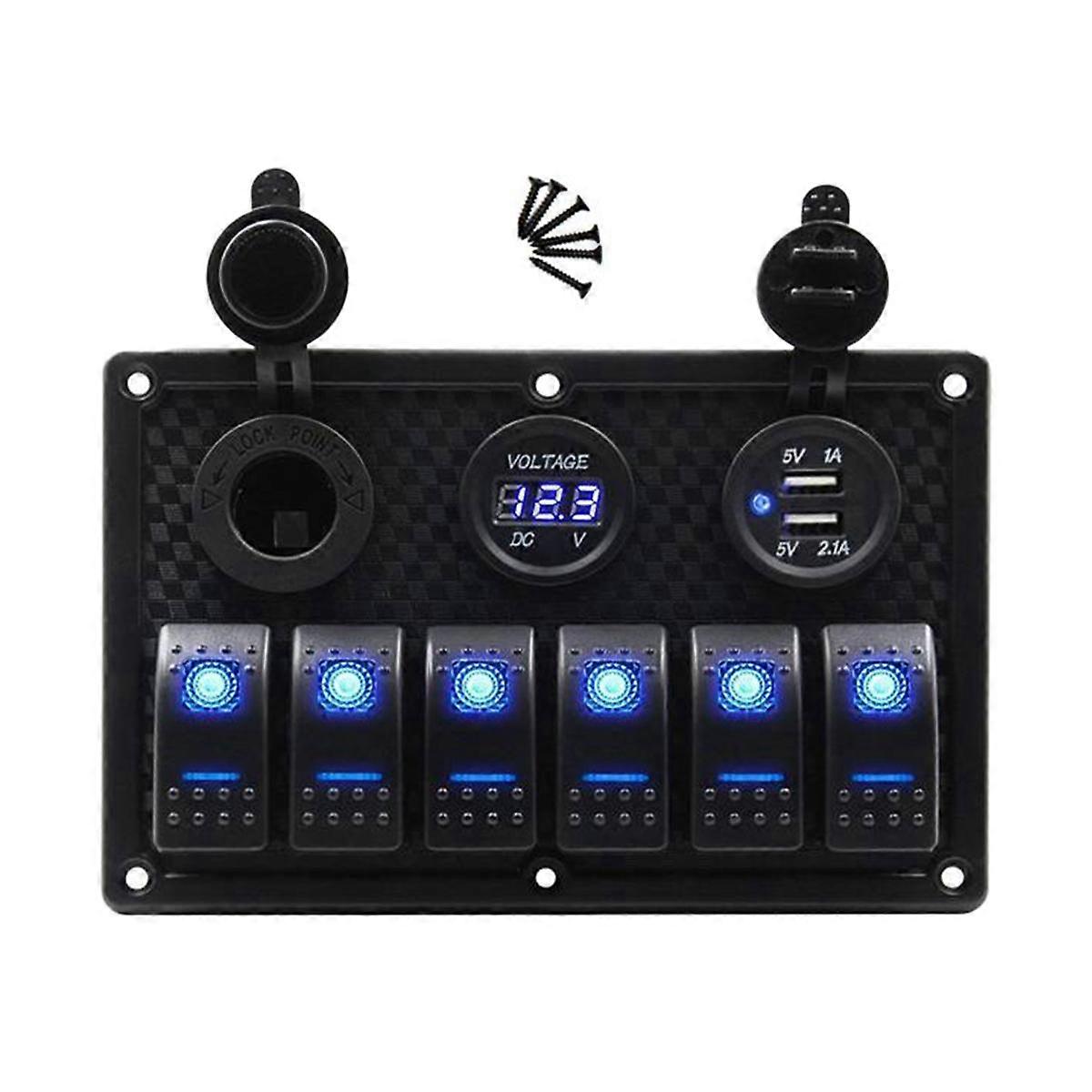 12/24V 6 Buttons Switch Panel with Digital Voltmeter Tester 3.0 USB Chargers Bule Light Boat Power