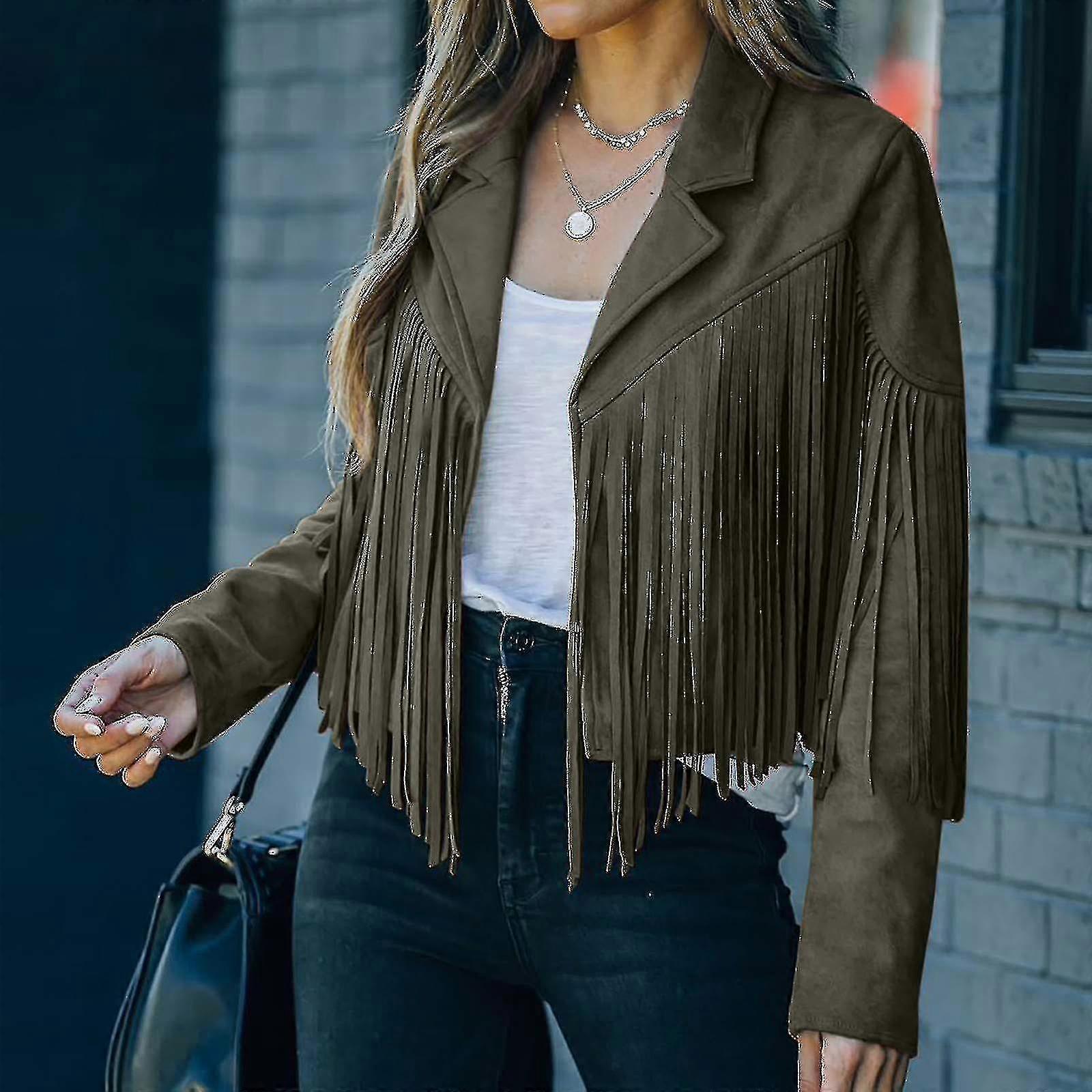 Fringe Παλτό Για Γυναίκες Faux Suede Leather Cowboy Style Παλτό Μακρυμάνικο Φούντες Παλτό Ζακέτα -JA