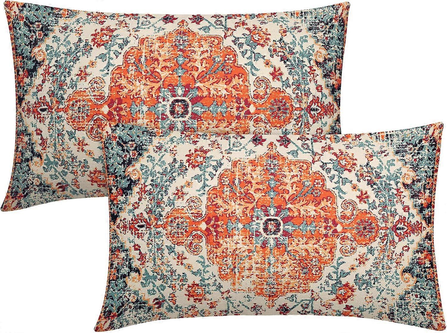 オレンジブルー自由奔放に生きる枕カバー12x20インチボヘミアンカーペットエスニックソファ枕ケース錆珊瑚花腰椎スロー枕セット2素朴な家の装飾F