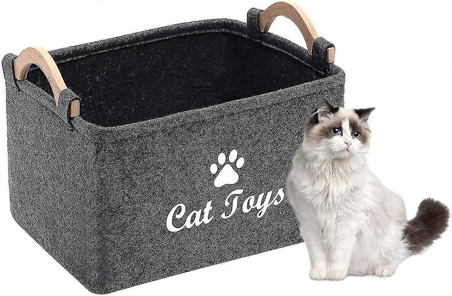 Cat Toy Storage Basket - Storage Box With Wooden Handle, Storage Box For Cat Toys, Clothes And Pet Accessories-grey-big Size 38x25x24cm