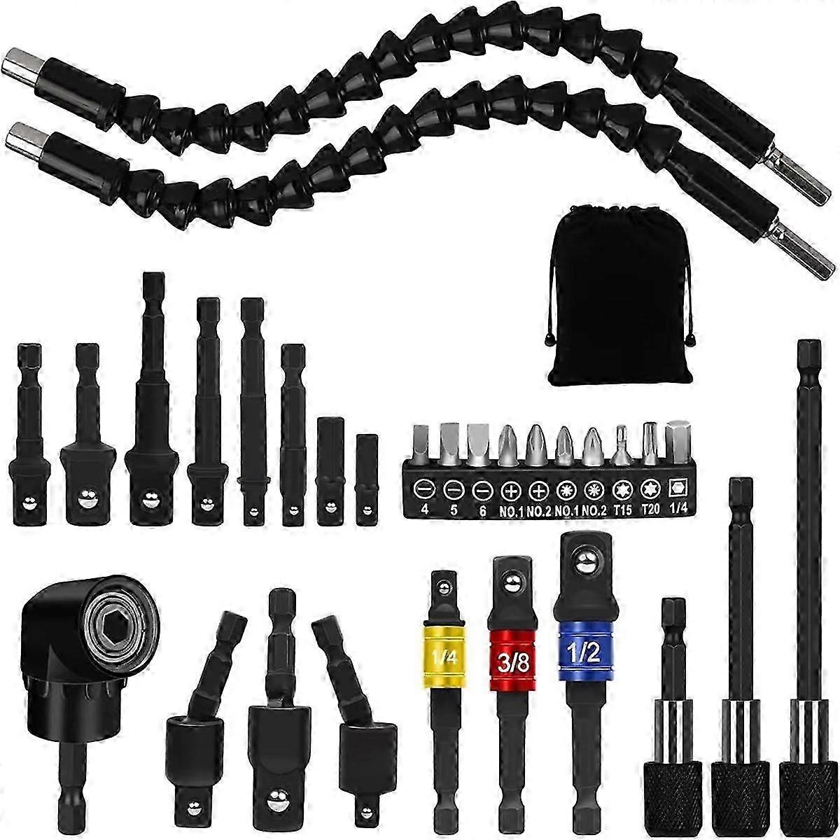 31 Pcs Flexible Drill Bit Extension Set, 105 Right Angle Drill Attachment, Rotatable Joint Socket