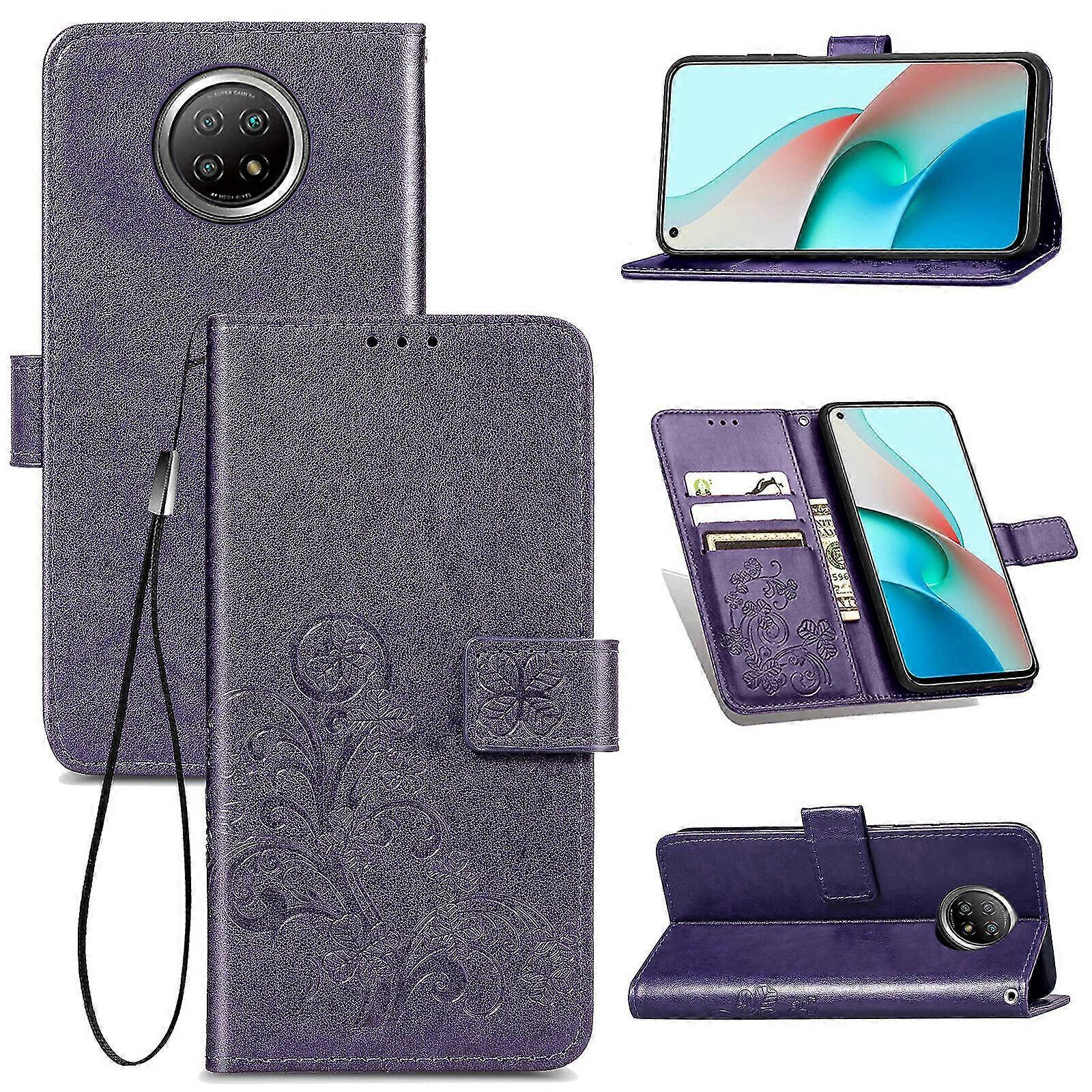 Compatible with Xiaomi Redmi Note 9t Cover Wallet Clover Embossed Protective Leather Phone Case Magnetic - Violet