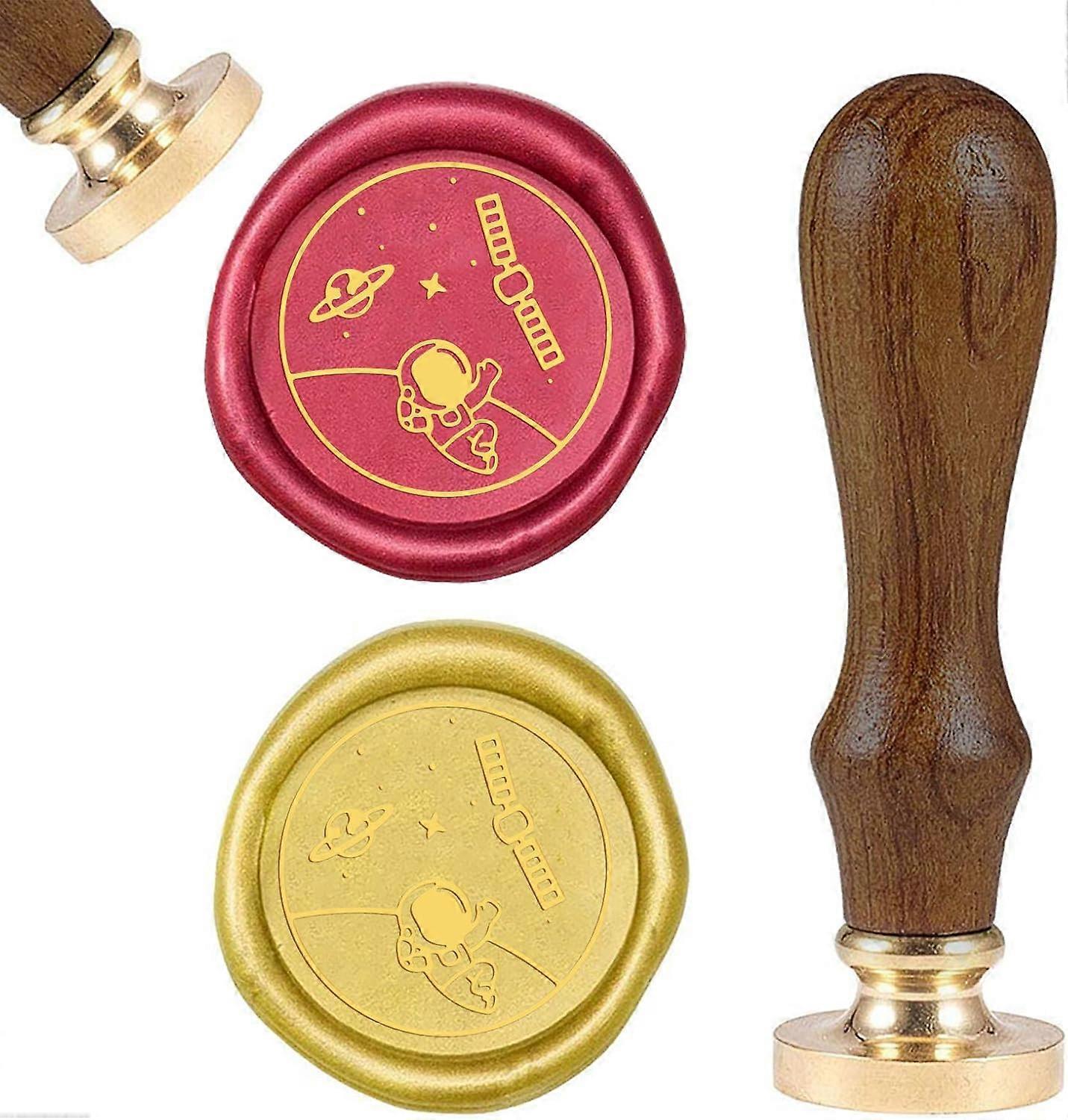 Astronaut and Space Station Pattern Brass Wax Seal Stamp and Wood Handle Sets Astronaut Sealing Wax Stamps Retro Wood Stamp Wax Seal for Cards Envelop
