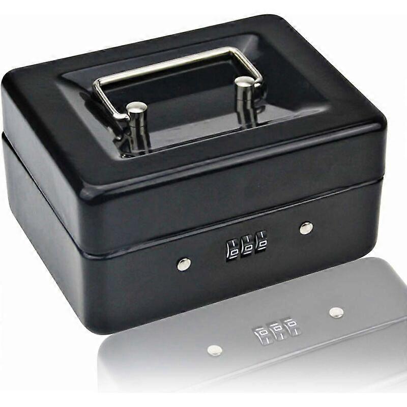 Small Coin Box with Combination Lock  Durable Metal Coin Box with Lockable Storage Tray, 15  12  8 cm (Black, Small)