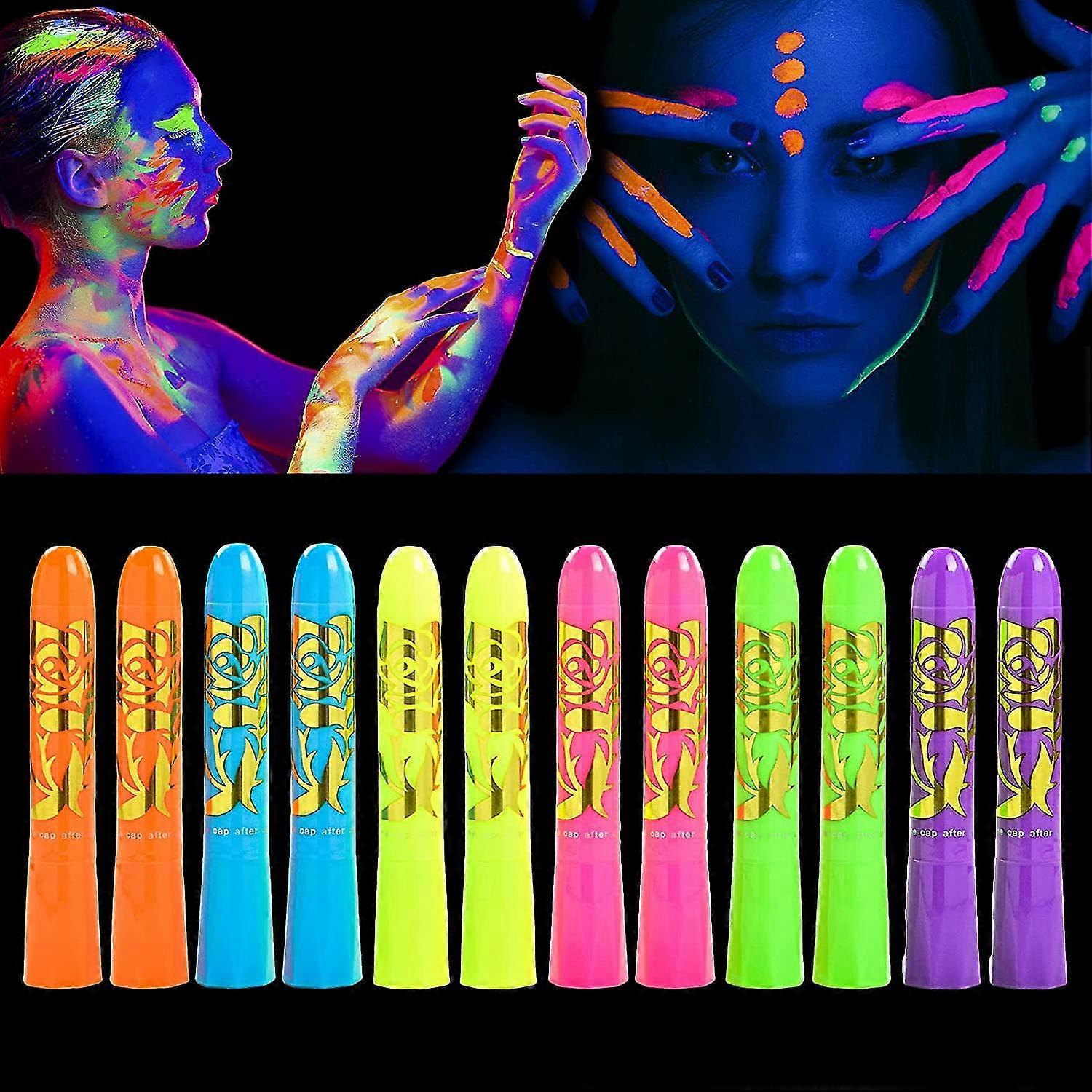 UV Crayons Kit Φθορίζουσες Βαφές Σώματος - 12 Τεμ Λάμψη Στο Μαύρο Φως Χρώμα Προσώπου Σώματος