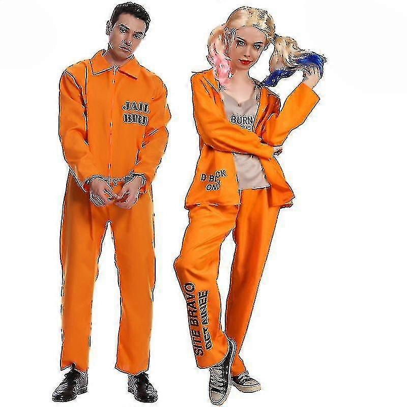 Cadılar Bayramı Büyük Adam Ve Kadın Çift Turuncu Mahkum Cosplay Parti Kostüm Tulum