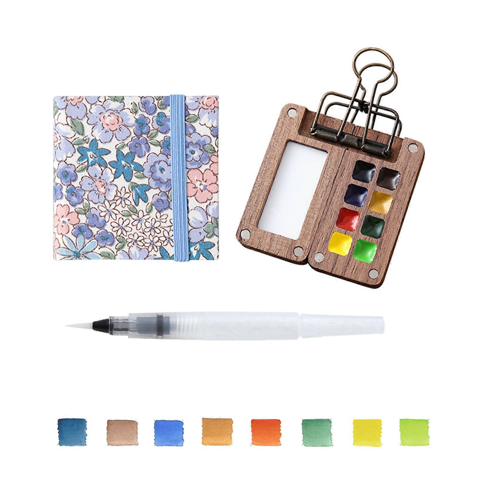 2024 Mini Walnut Watercolor Paint Box, 8 Colors Tiny Palette & Mini Sketchbook portable Set For Children