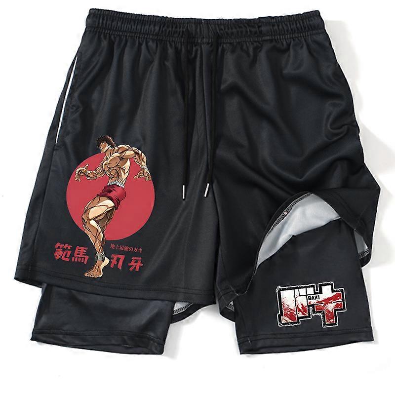 Anime Hanma Baki Gym Shorts Noir pour Hommes 2 en 1 Maille Séchage Rapide Board Shorts Hommes Musculation Fitness Running Short Pantalon Été
