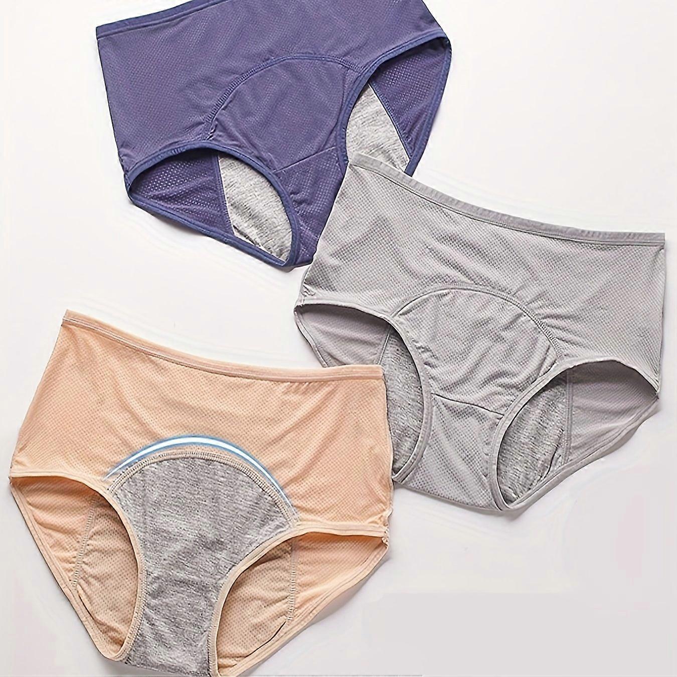 JUEGE* 3-pack Plus Size Period Trosor Set, Dam Plus Solid Hög Rise Hög Stretch Läckagesäkra Period Trosor Tredelat Set