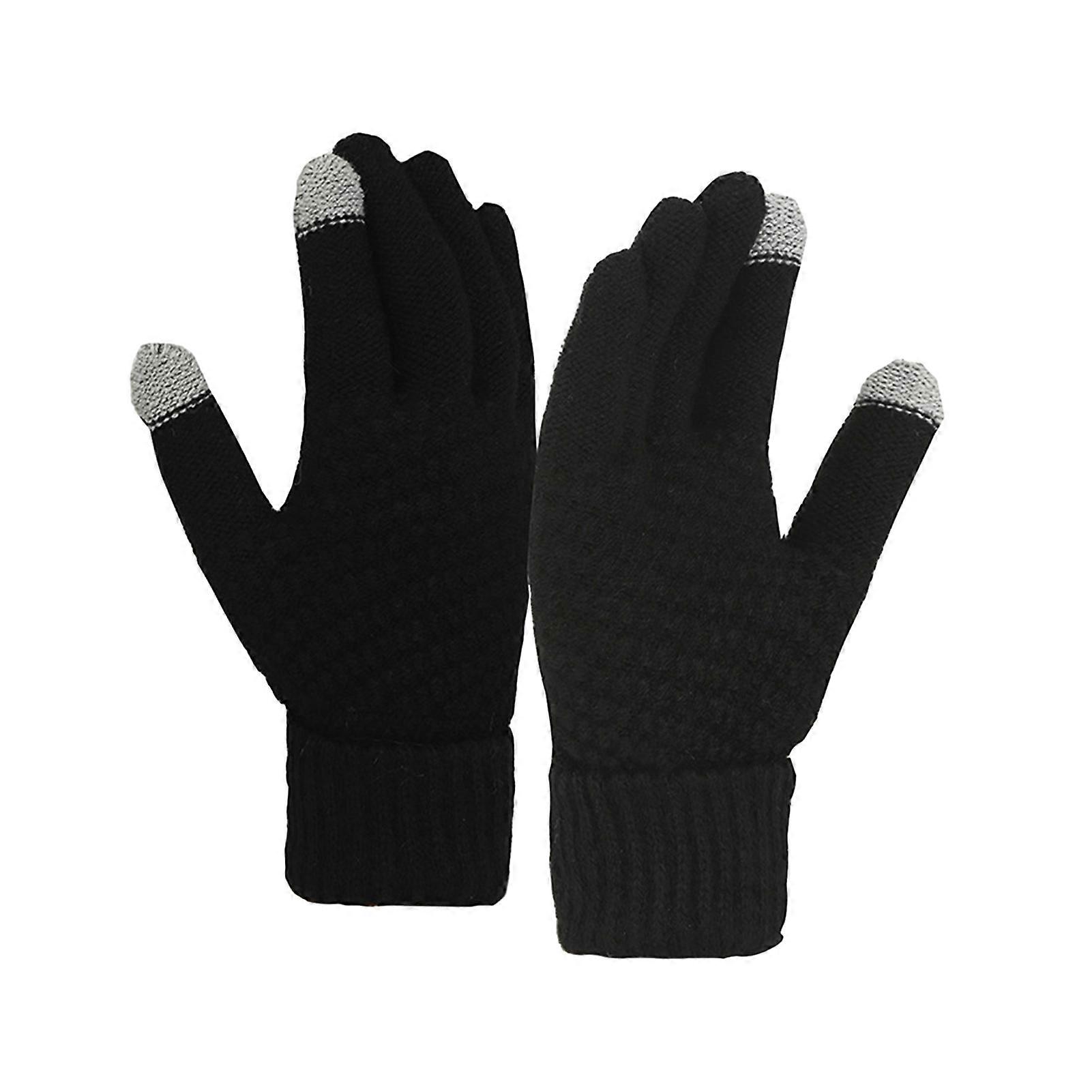 1 Pair Women Winter Gloves Thick Touch Screen Windproof Plush Knitted Color Matching Elastic Warm Five Fingers Anti-slip Soft Cozy Regular Fit Cycling