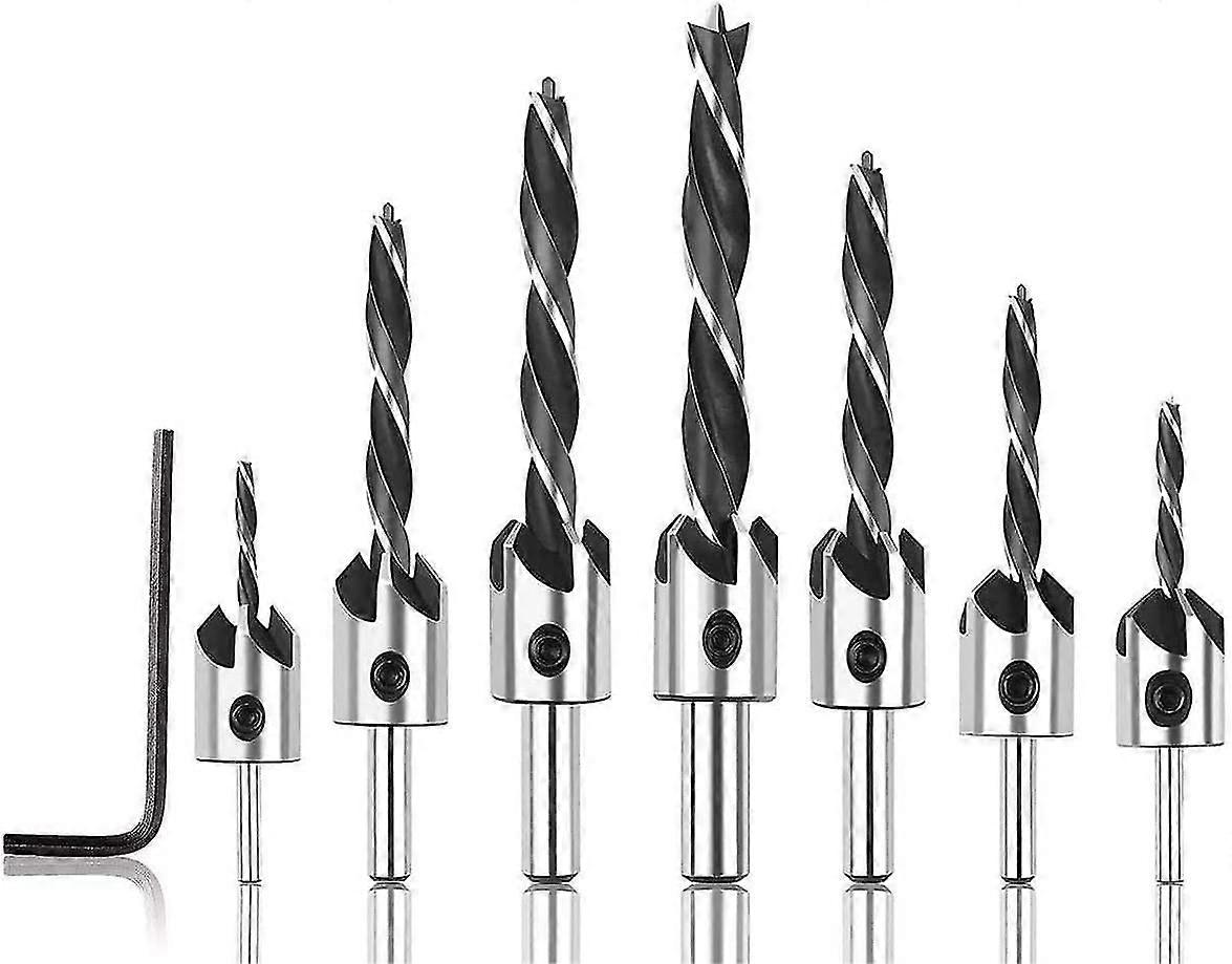 7pcs Round Handle Countersink Bit Set, 3-10mm Hss Woodworking Chamfer Tool Flute Countersunk Head Twist Drill Bit Set,3648