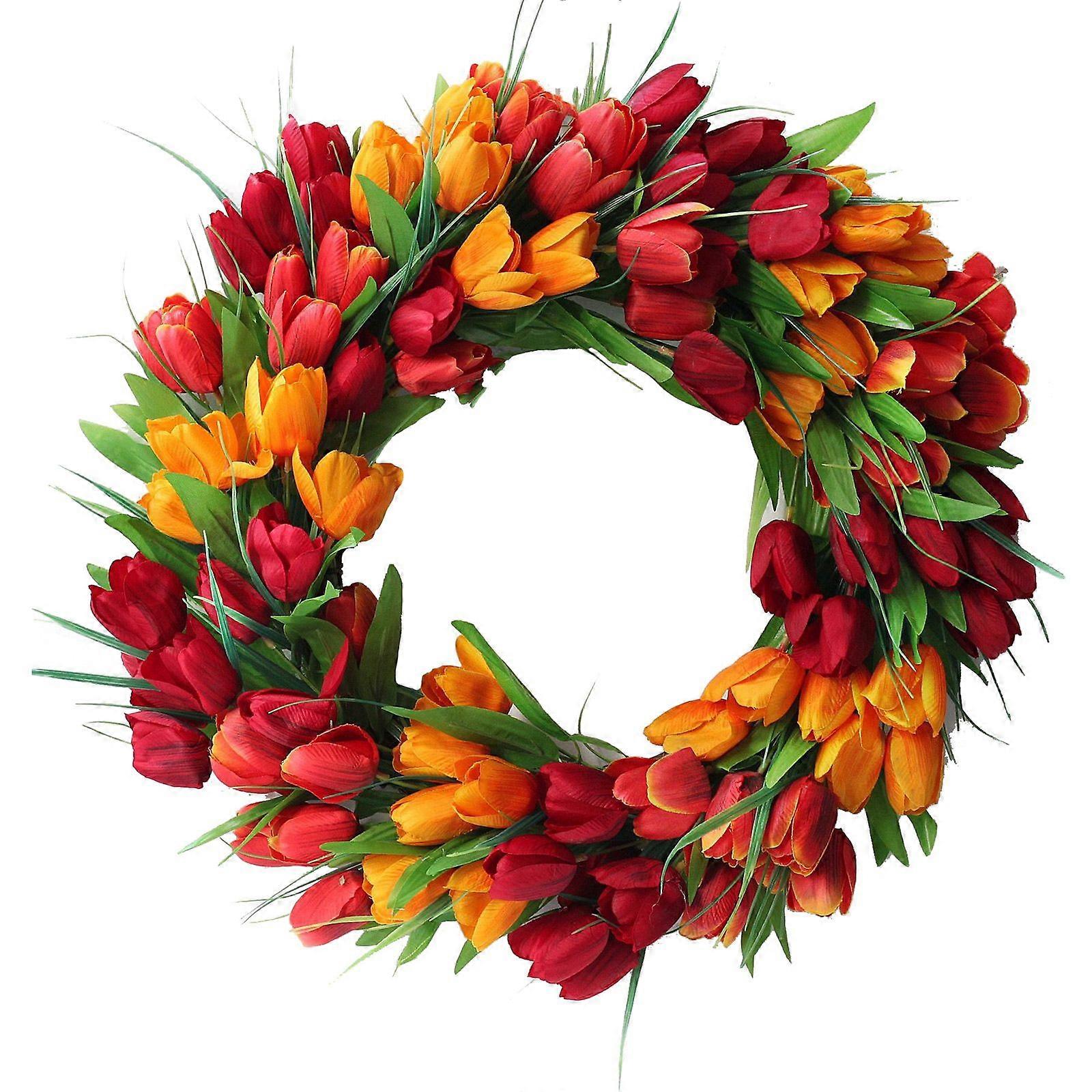 Corona di tulipani ghirlande di fiori per la porta d'ingresso, corona di seta primaverile con foglie verdi per il matrimonio della parete della finestra San Valentino (rosso giallo)