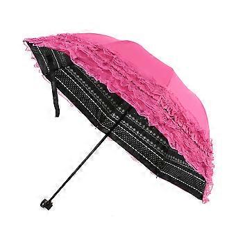Frauen Lady Portable 3 Falten Spitze Sonnenschirm Sonnenschirm Anti-UV Winddichte Regenschirme (Rose Red)