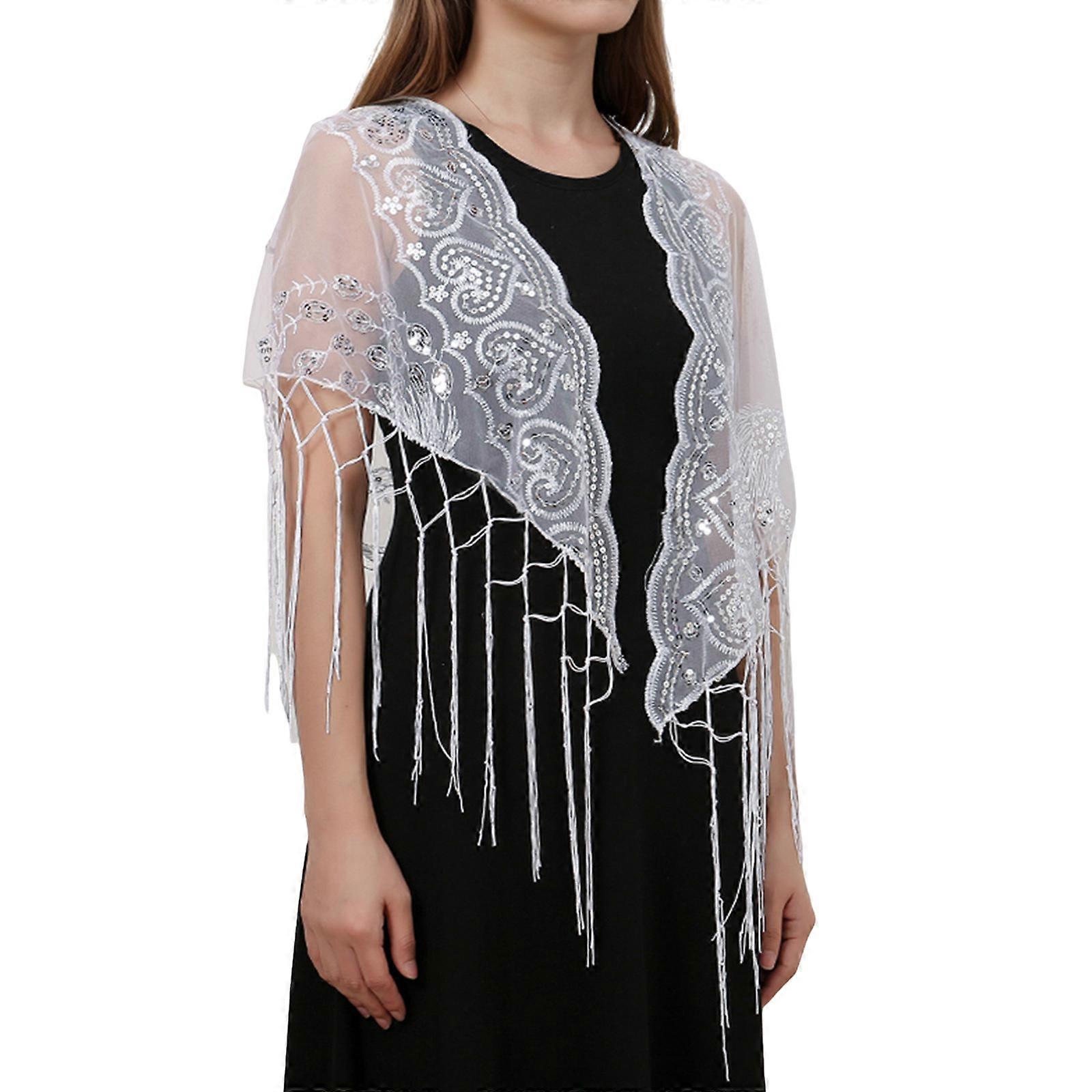 Écharpe perlée Ponchos Poids léger Transparent Châle élégant à paillettes pour femmes pour la mode Femmes Blanc