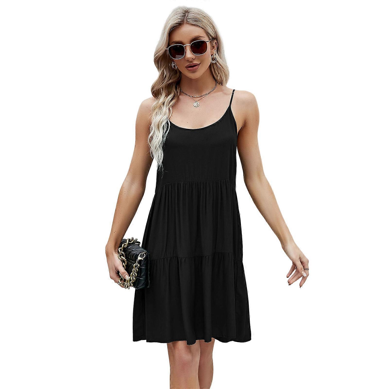 Summer Dresses for Women Casual Spaghetti Strap Backless Tie Up Swing Midi Dresses  Black XL | Fruugo FI