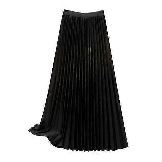 Elastic High Waist Pleated Maxi Skirt in Solid Color Smooth Satin A-Line Suitable for Work and Leisure Wear