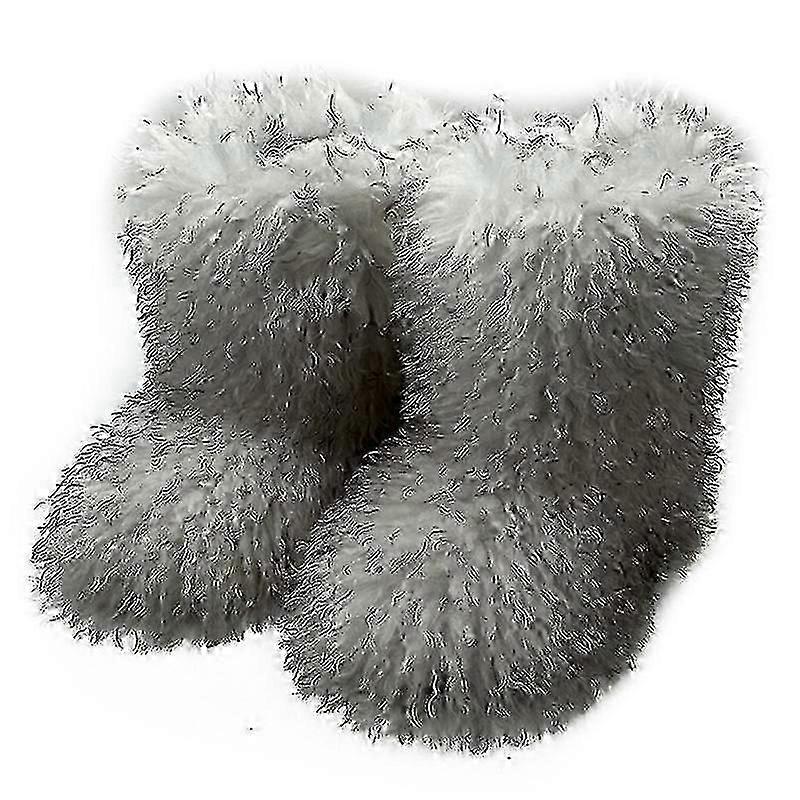 Bottes en fausse fourrure pour les femmes Fuzzy Fluffy Furry Round Toe Suede Bottes d’hiver Chaussures plates - JA